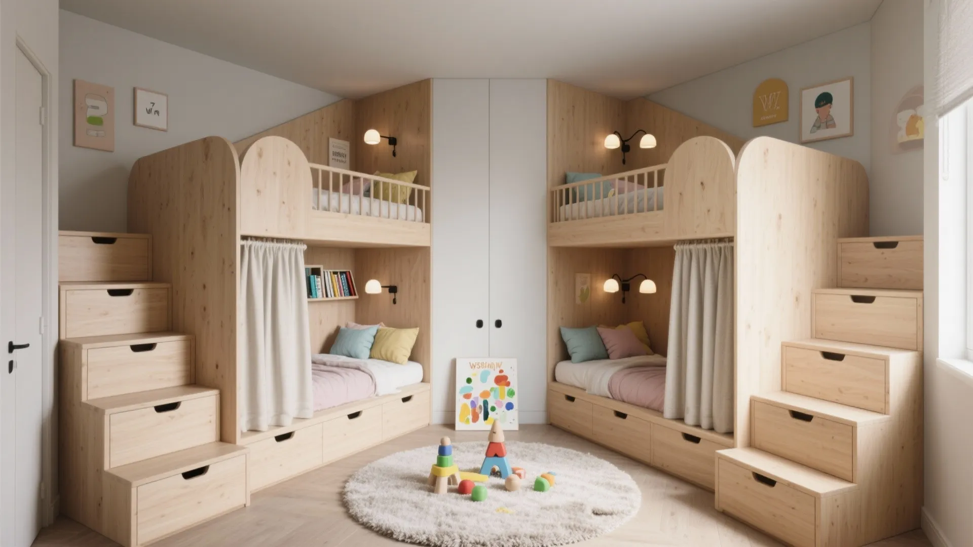 Built-in bunk beds with storage stairs