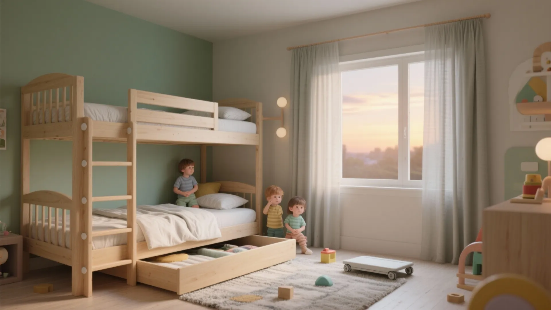 Wooden bunk bed with pull out trundle bed in kids room with green wall and windows