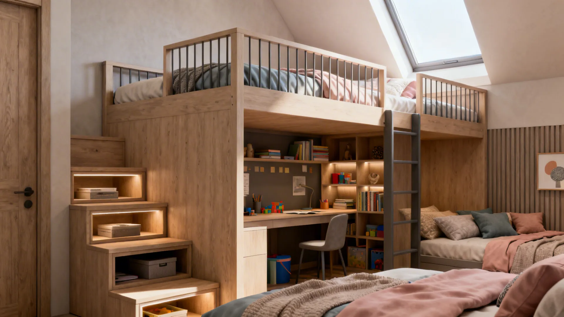 Teen bedroom with stacked twin bunk beds and built-in stair storage in risers.