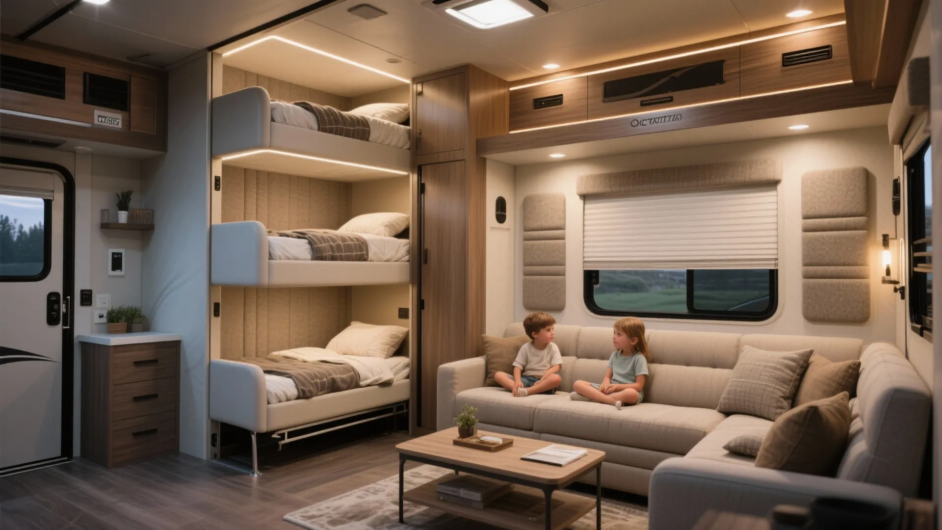 Stacked bunks above a fold-down sofa in an RV, with acoustic panels and warm lighting