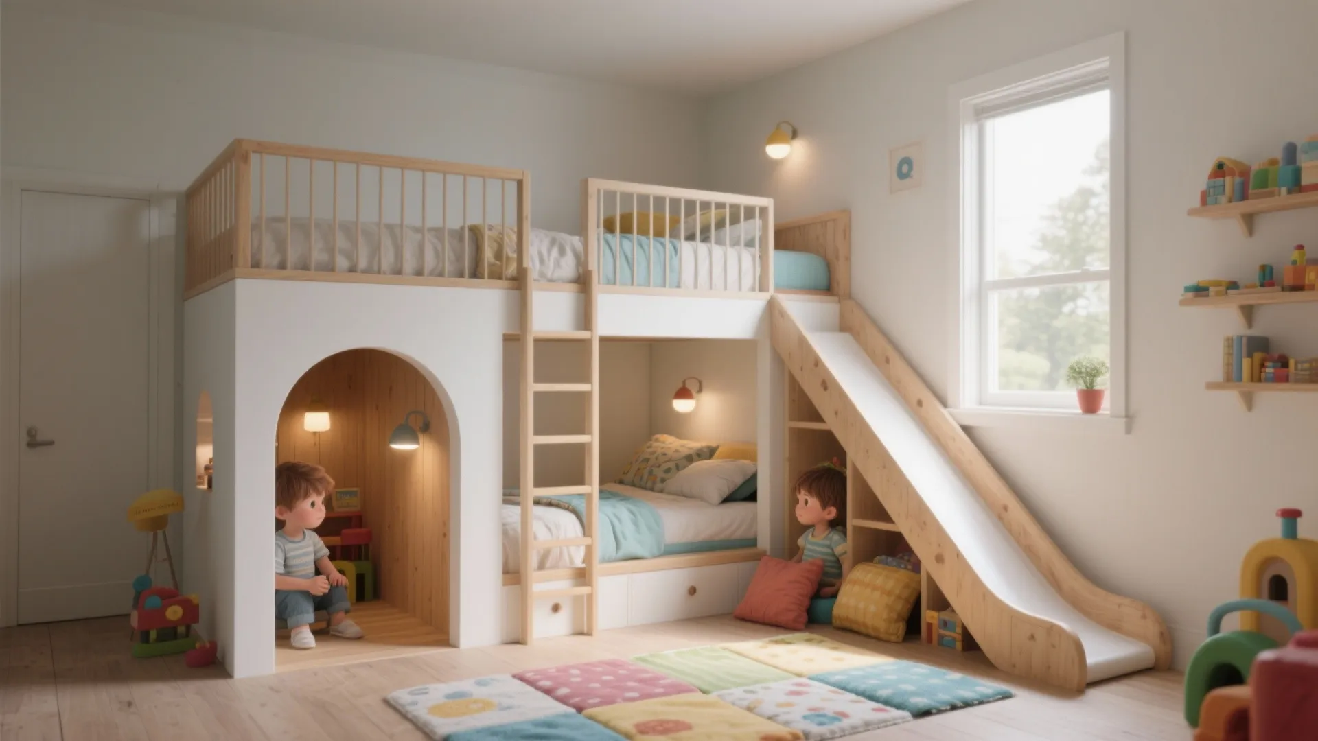 White bunk bed with wooden slide ladder small play area colorful rug and wall mounted shelves