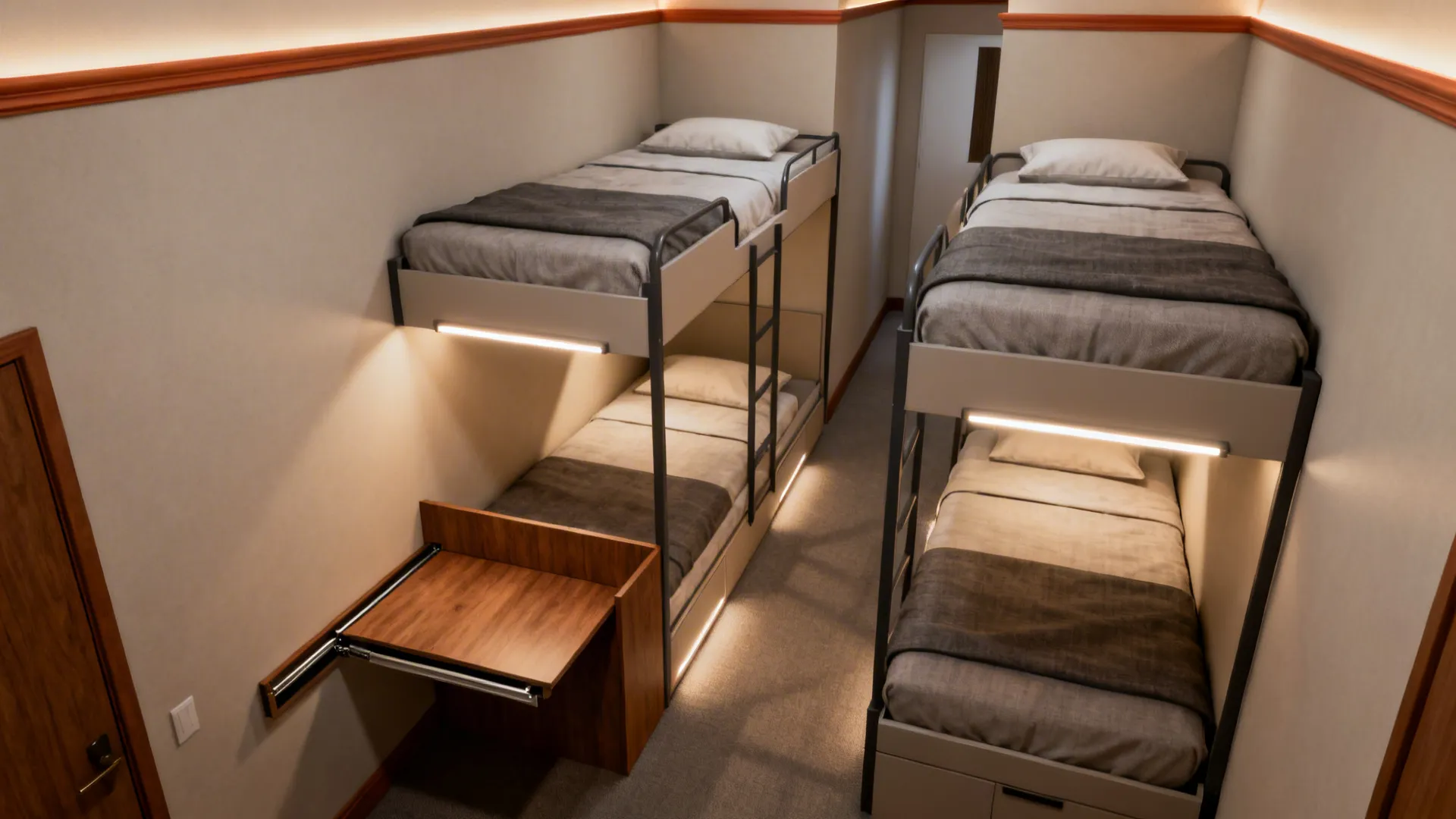 Top-down look at twin bunks with integrated pull-out desks and LED task lighting.