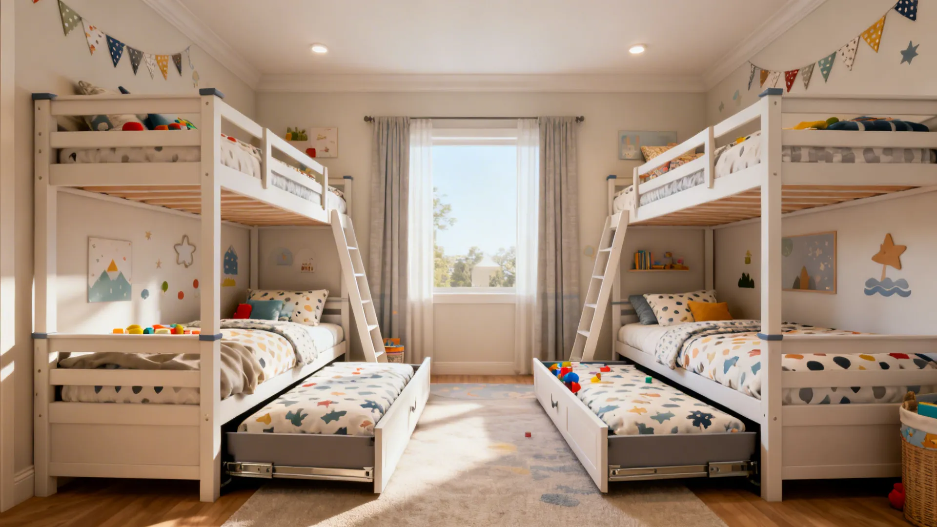 两排高架床与两张可滑出的床板，展示通行路径与日间使用状态