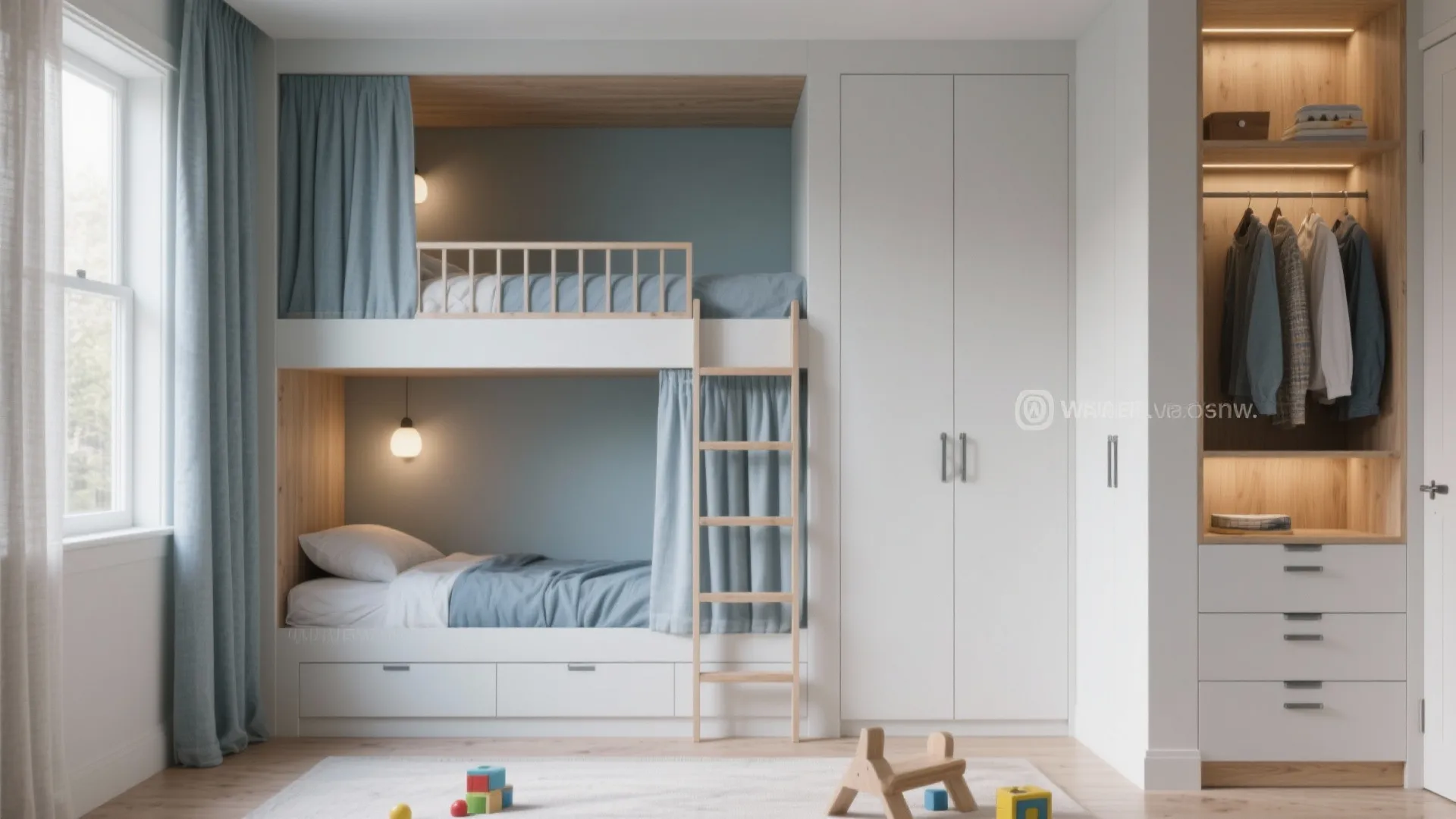Built-in bunks with wardrobe towers