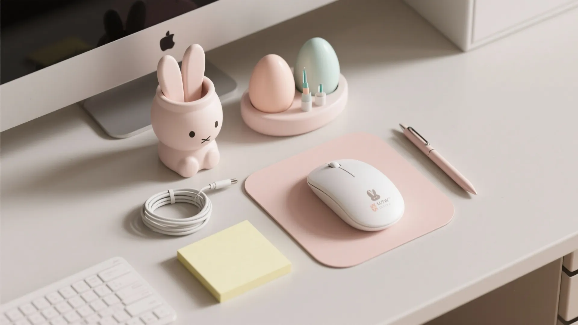 Pink bunny pen holder, computer mouse, and decorative eggs on a clean white office desk