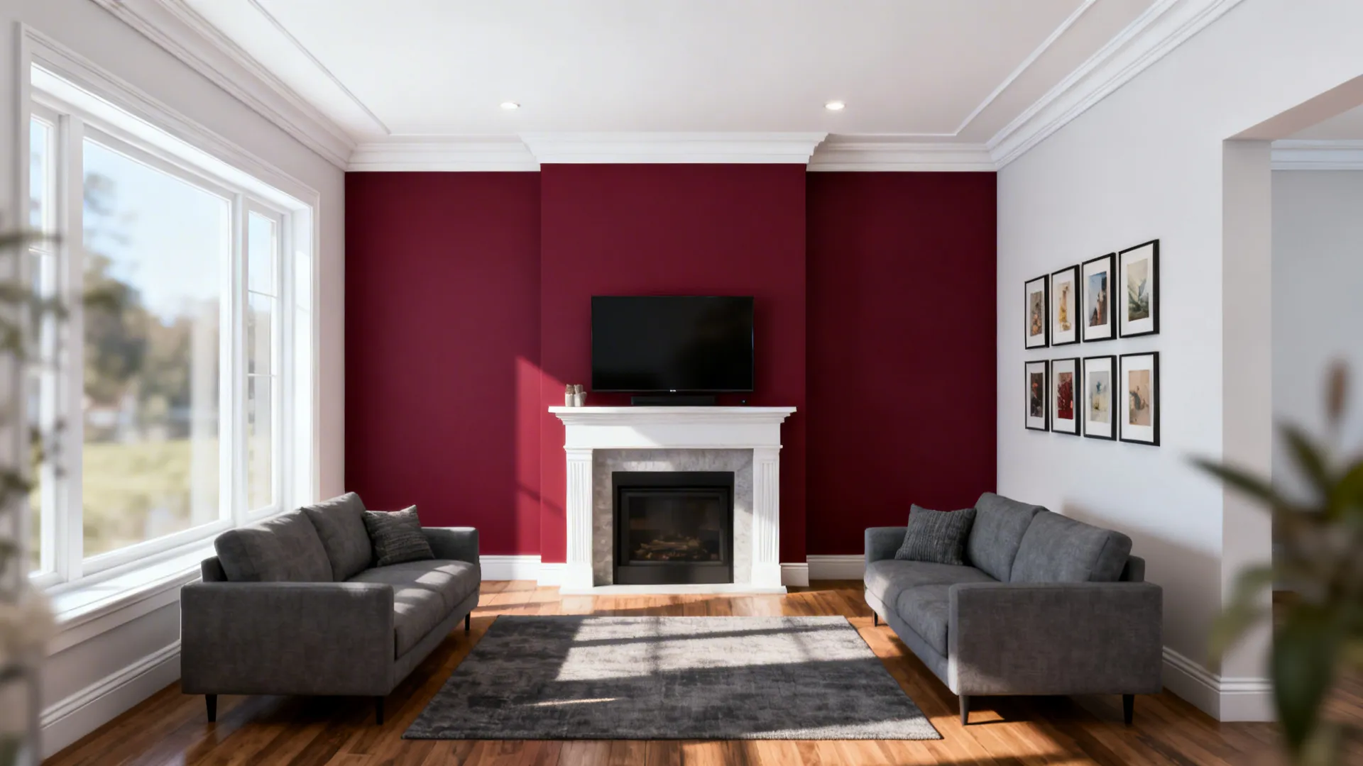 Living room with a burgundy accent wall, gray sofas, and framed art gallery.