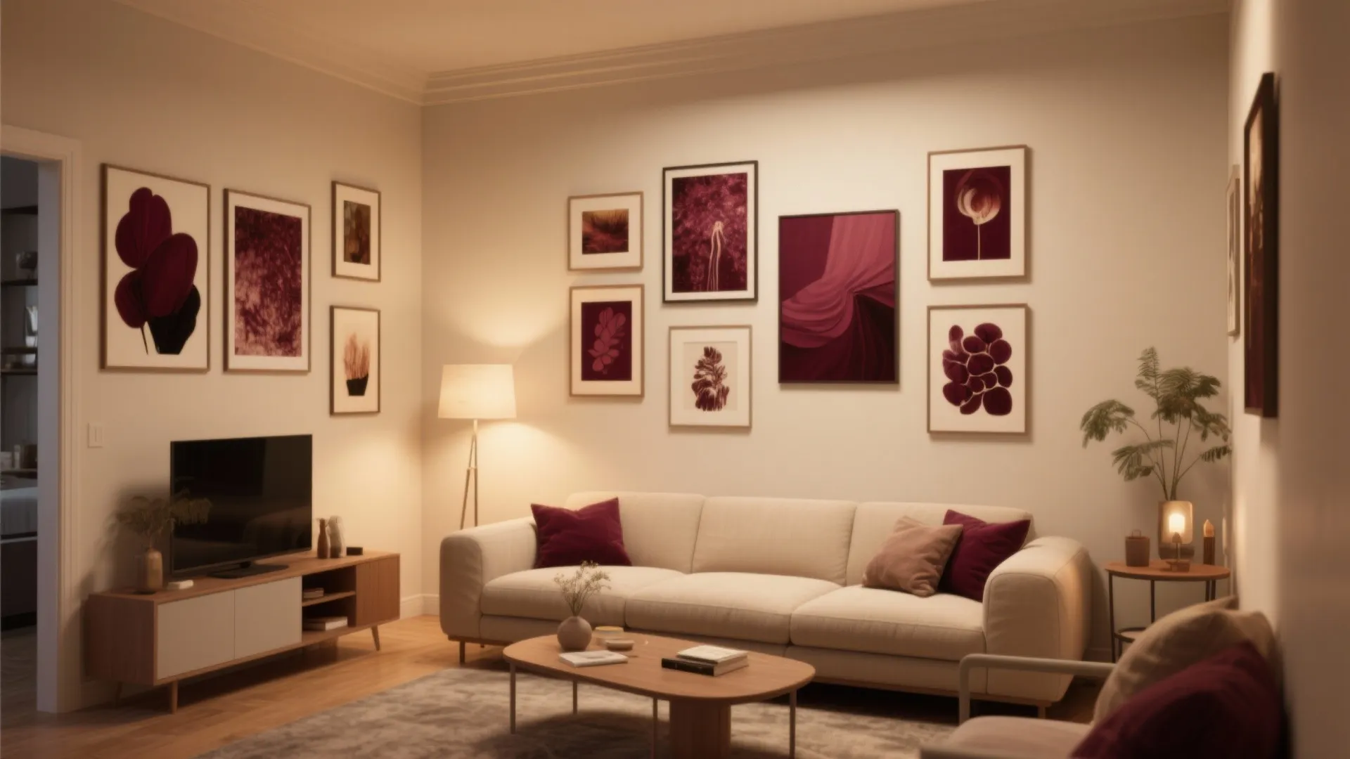 5. Cream Walls with Burgundy Art Pieces