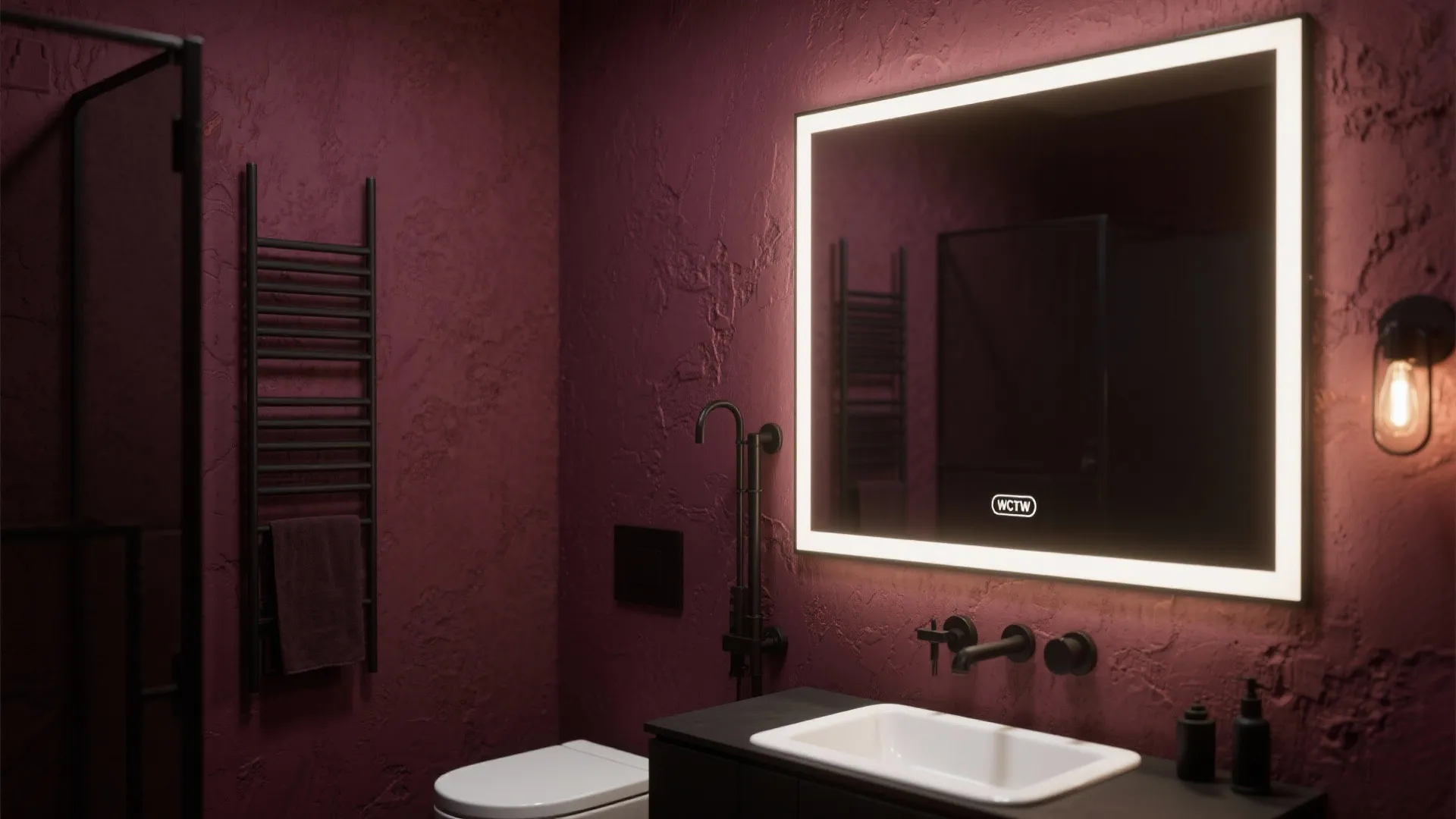 Modern bathroom with dark red walls black light fixtures white sink and large glowing mirror