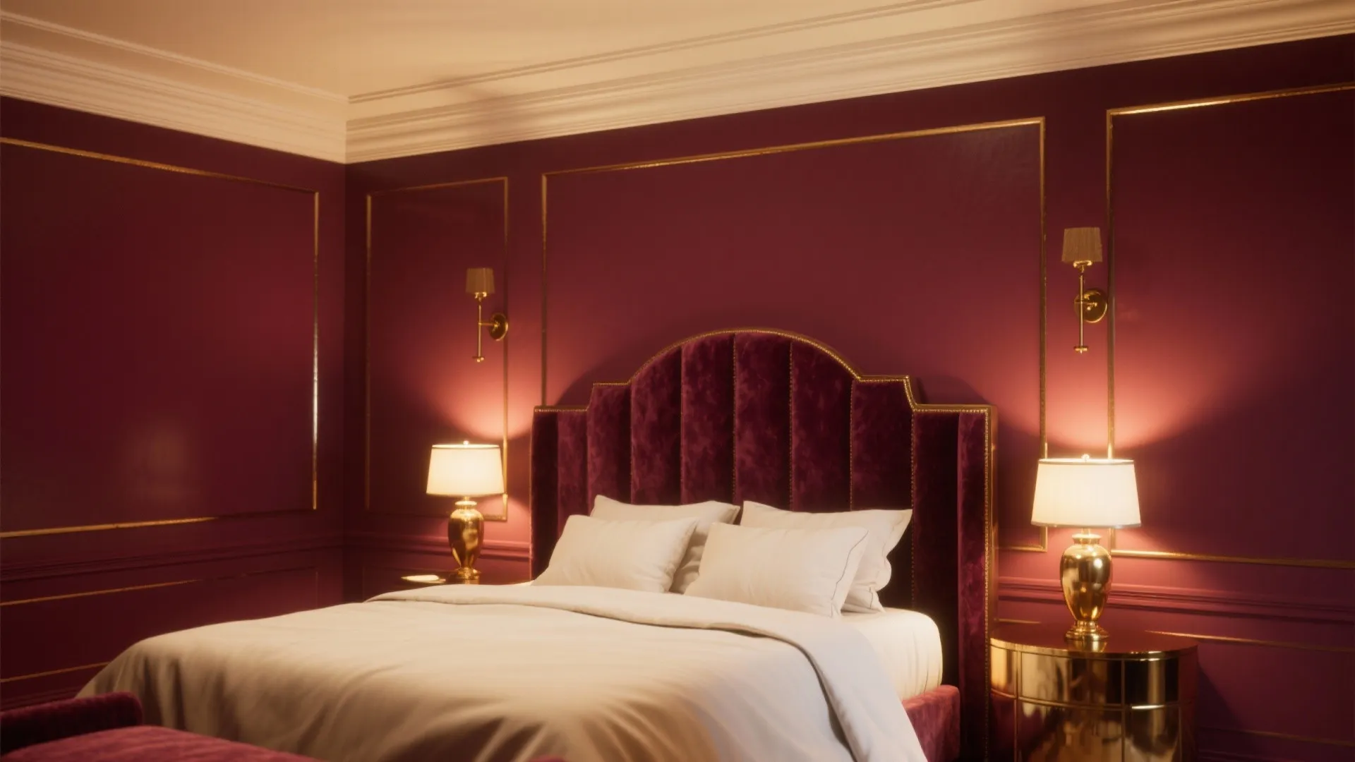 Master bedroom with deep burgundy walls and brass accents contrasted by light trim and ceiling
