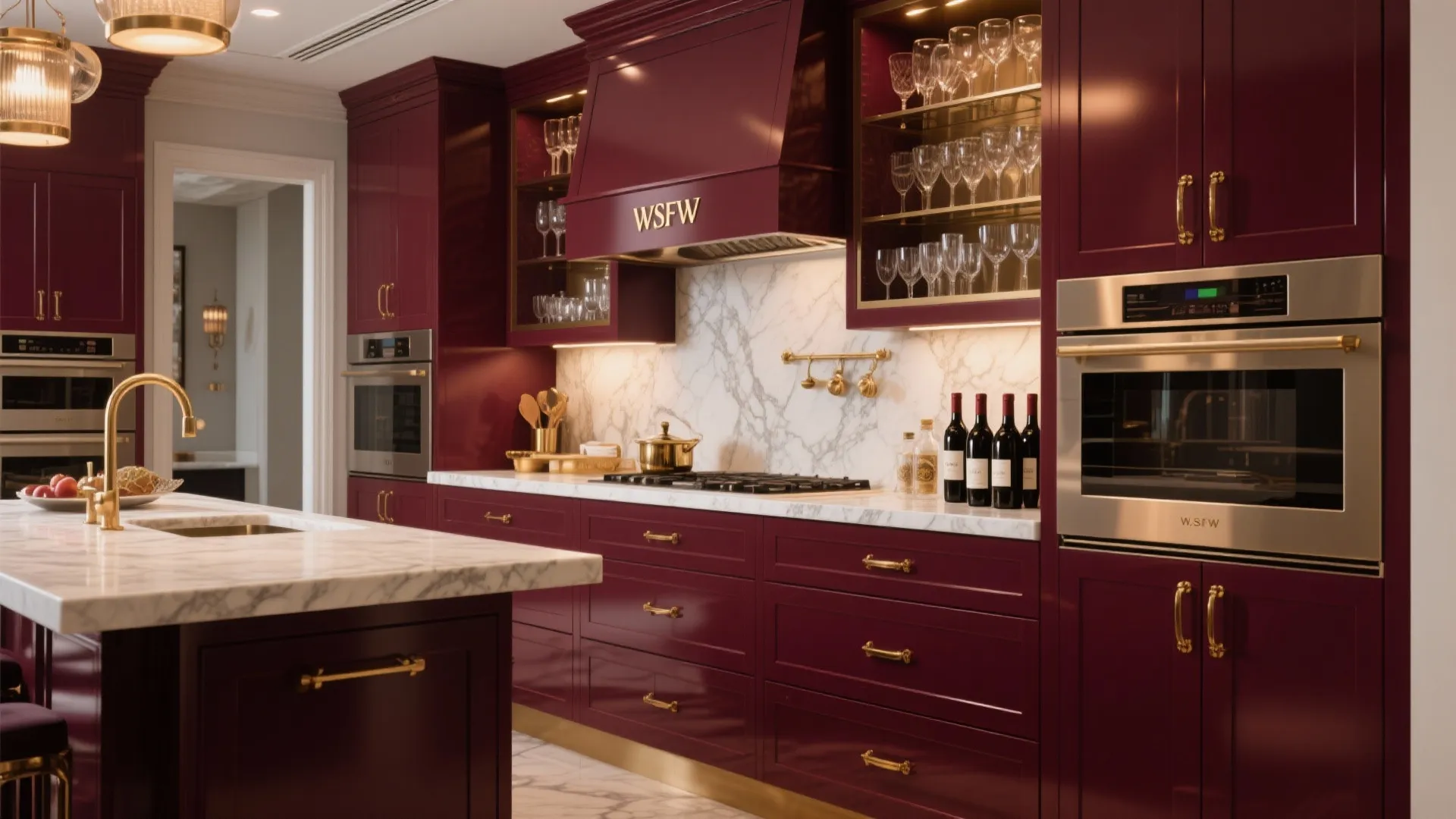 Luxury dark red kitchen featuring gold handles marble countertops wine bottles and elegant glass cabinet storage