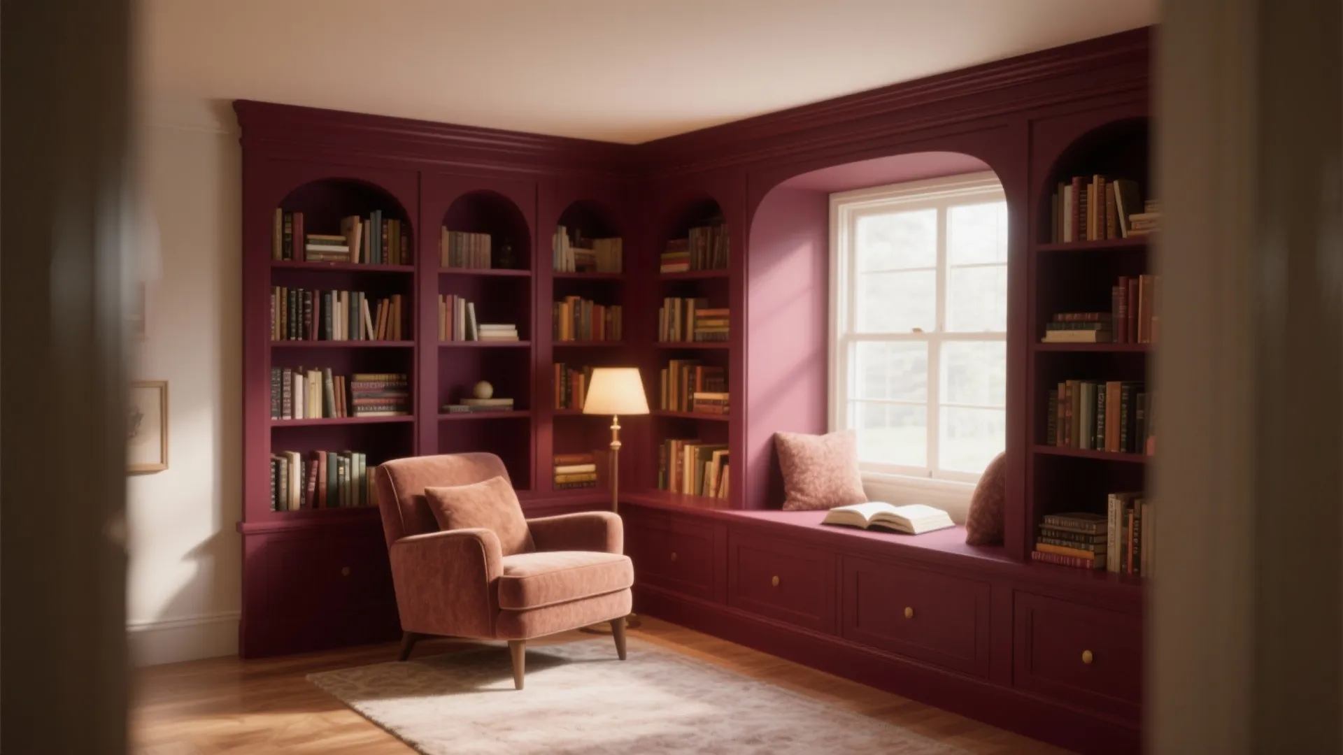 9. Burgundy Built-in Shelves