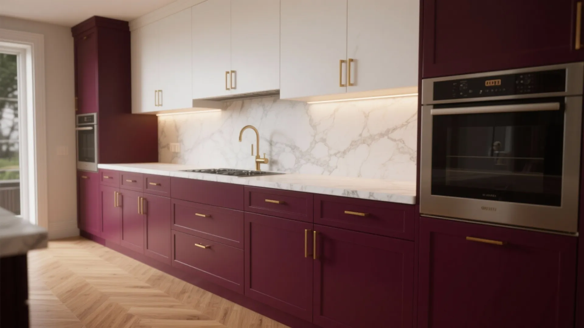 Modern kitchen with burgundy and white cabinets marble backsplash gold faucet and light wooden floor