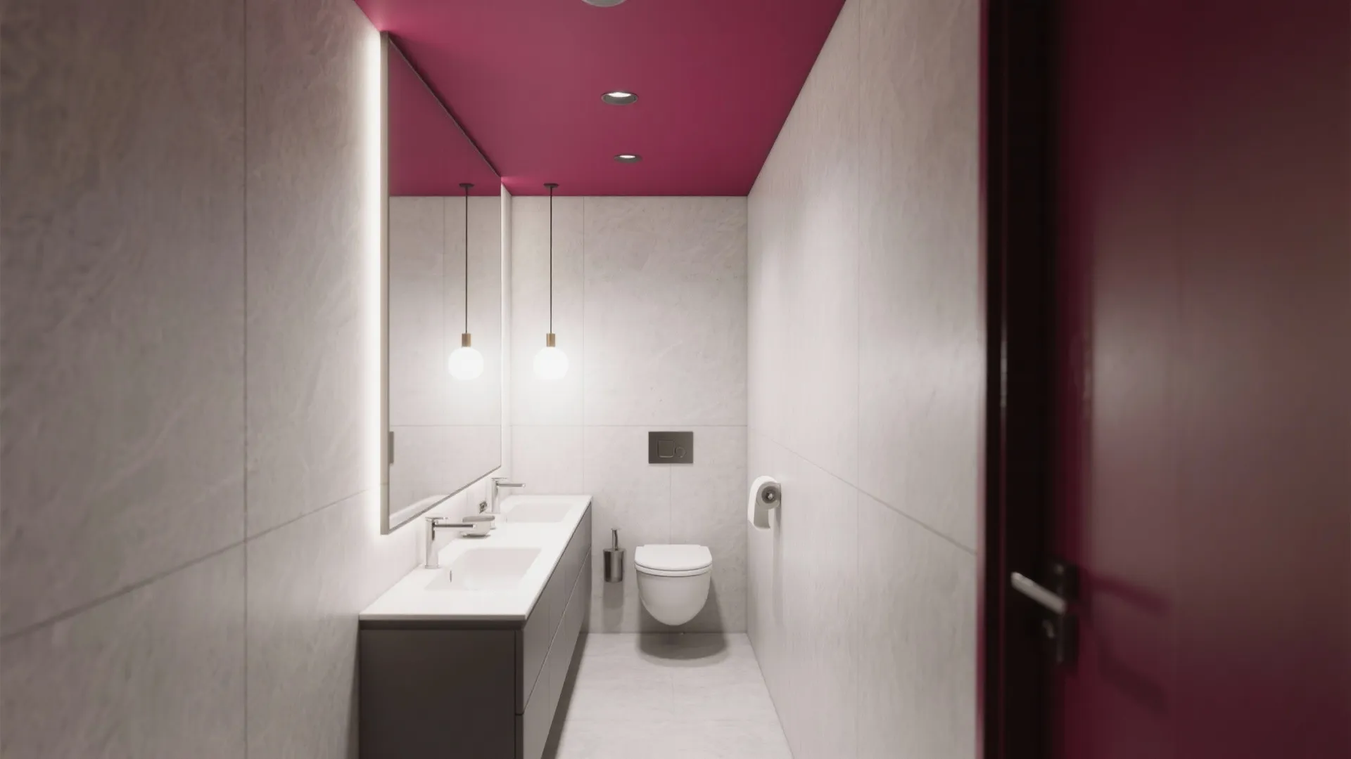 Long narrow bathroom with bright burgundy ceiling grey walls double sink vanity and white toilet