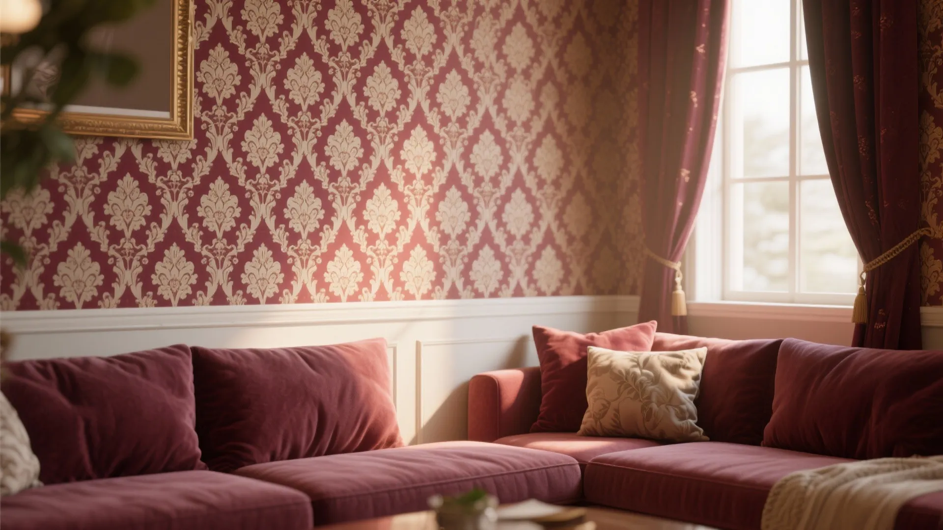 7. Burgundy and Cream Patterned Wallpaper