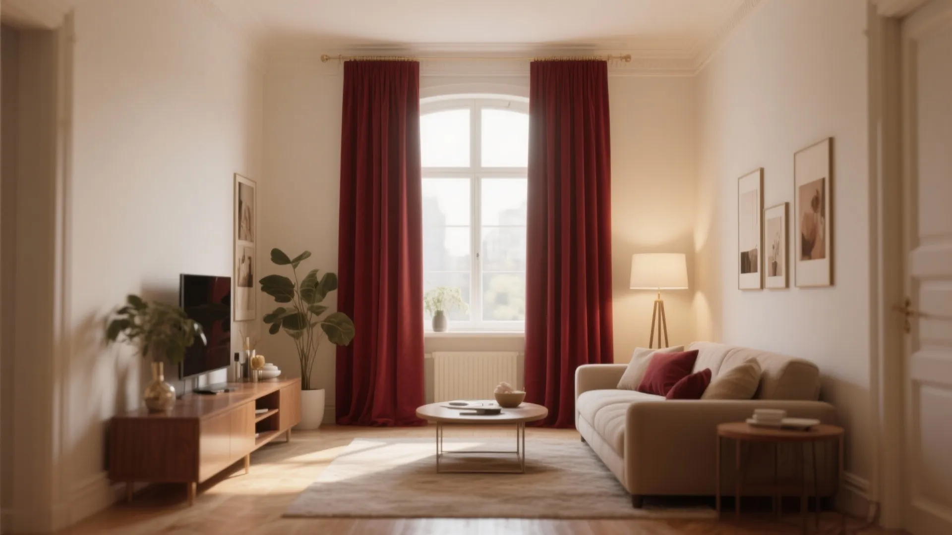 4. Burgundy Curtains Against Cream Walls