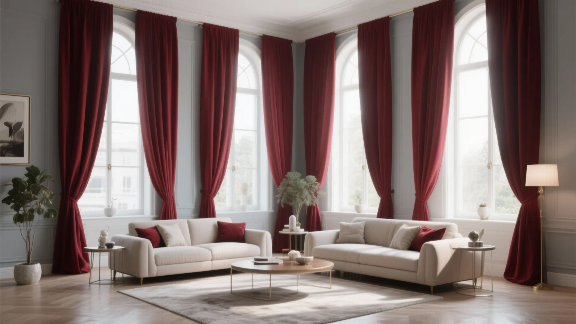 Rich burgundy curtains contrast with light gray walls