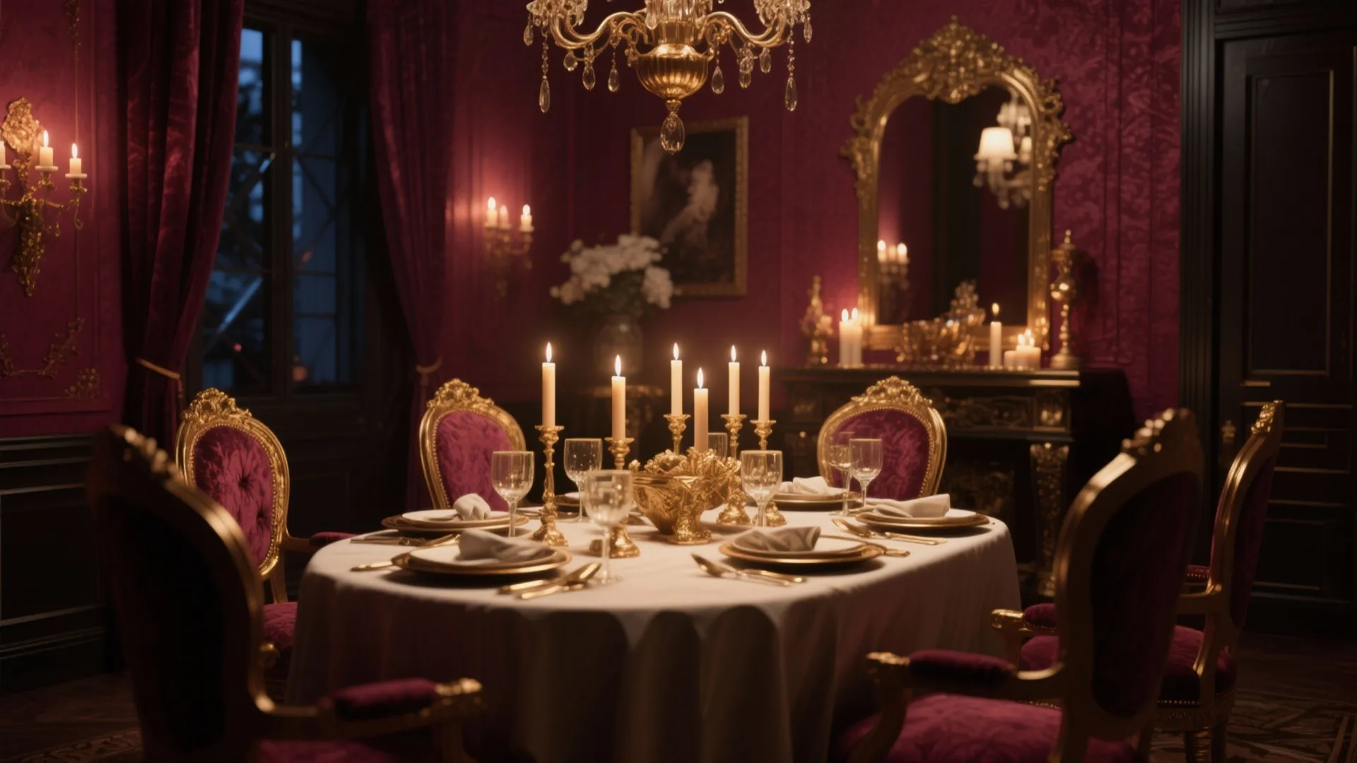 Dining room with rich burgundy walls and candlelight