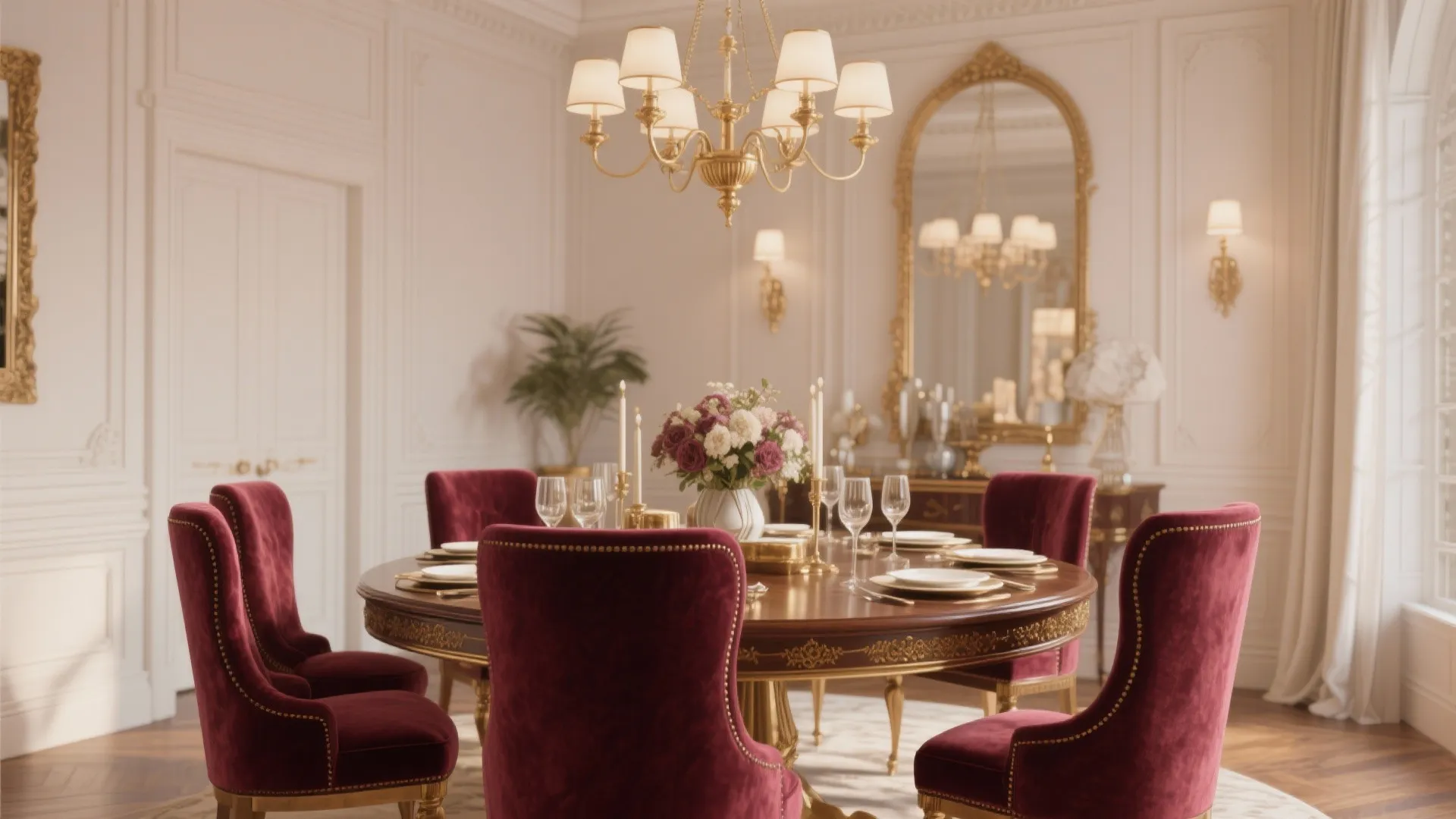 Elegant dining room with round wooden table, red velvet chairs, ceiling light, and large mirror