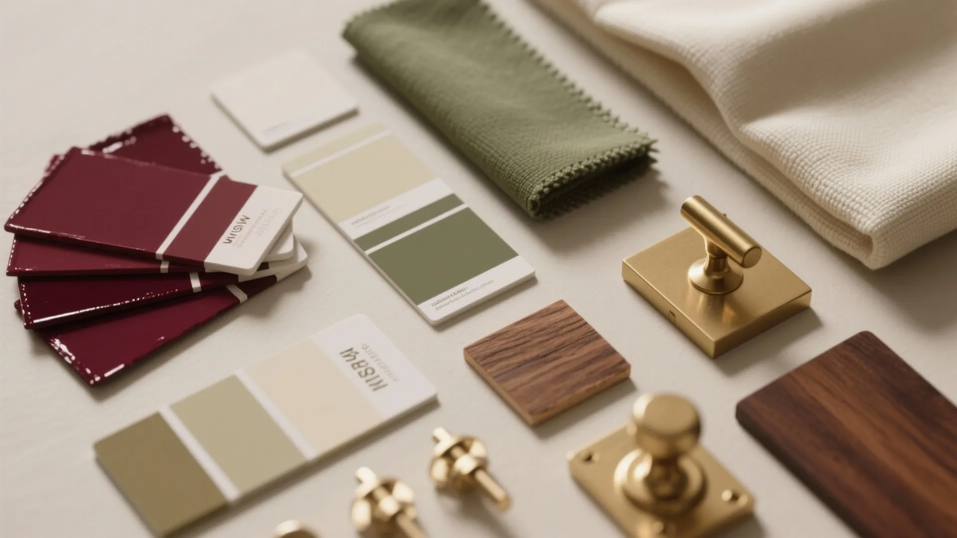 Interior design material board with burgundy paint swatches green fabric gold handles and wood samples