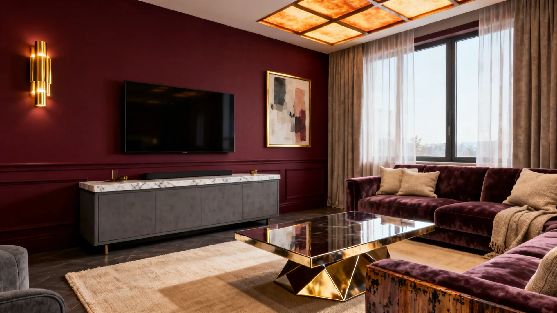 Living room with a deep burgundy feature wall and muted gray furniture with layered lighting