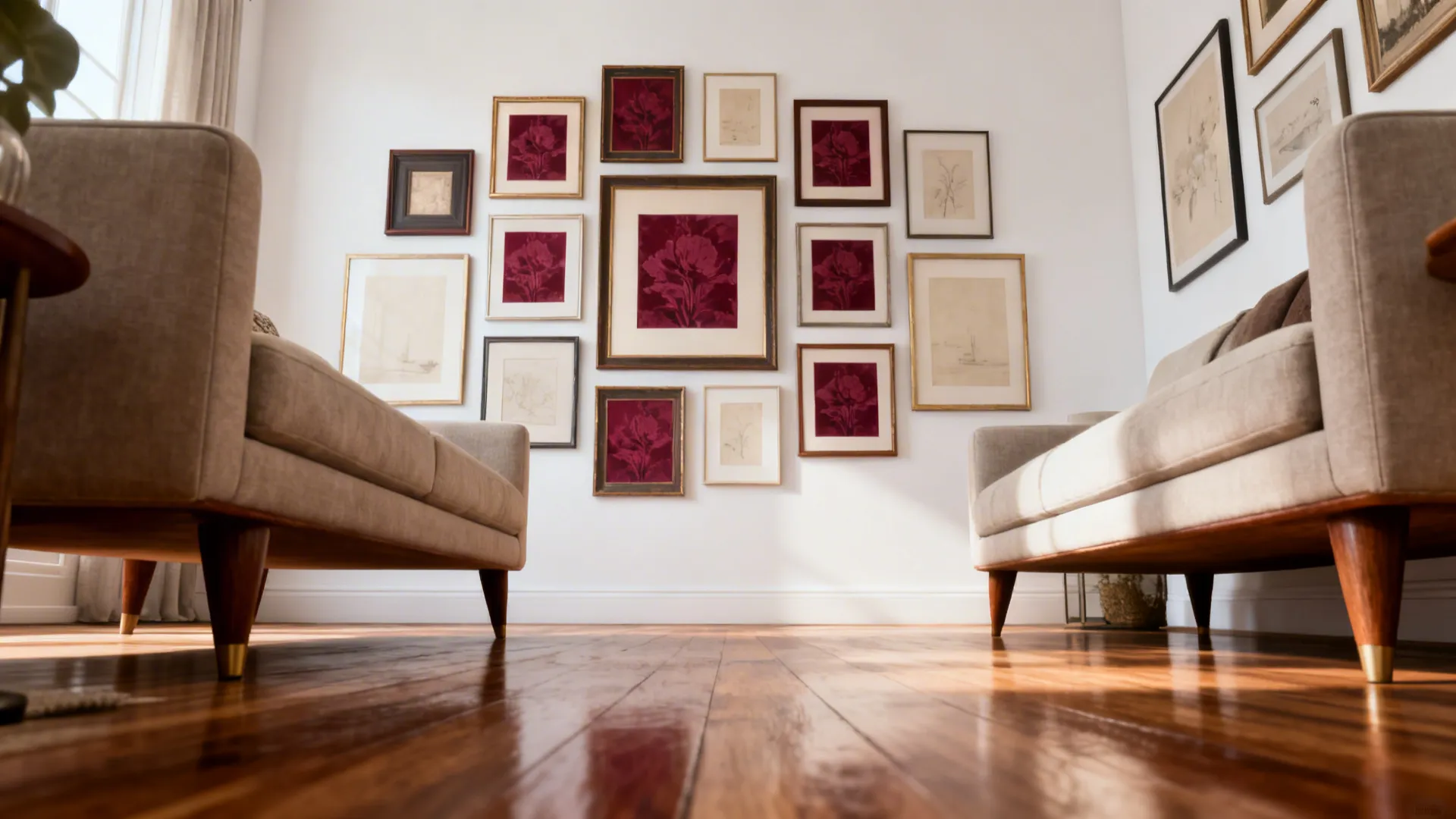 2. Gallery wall with burgundy accents