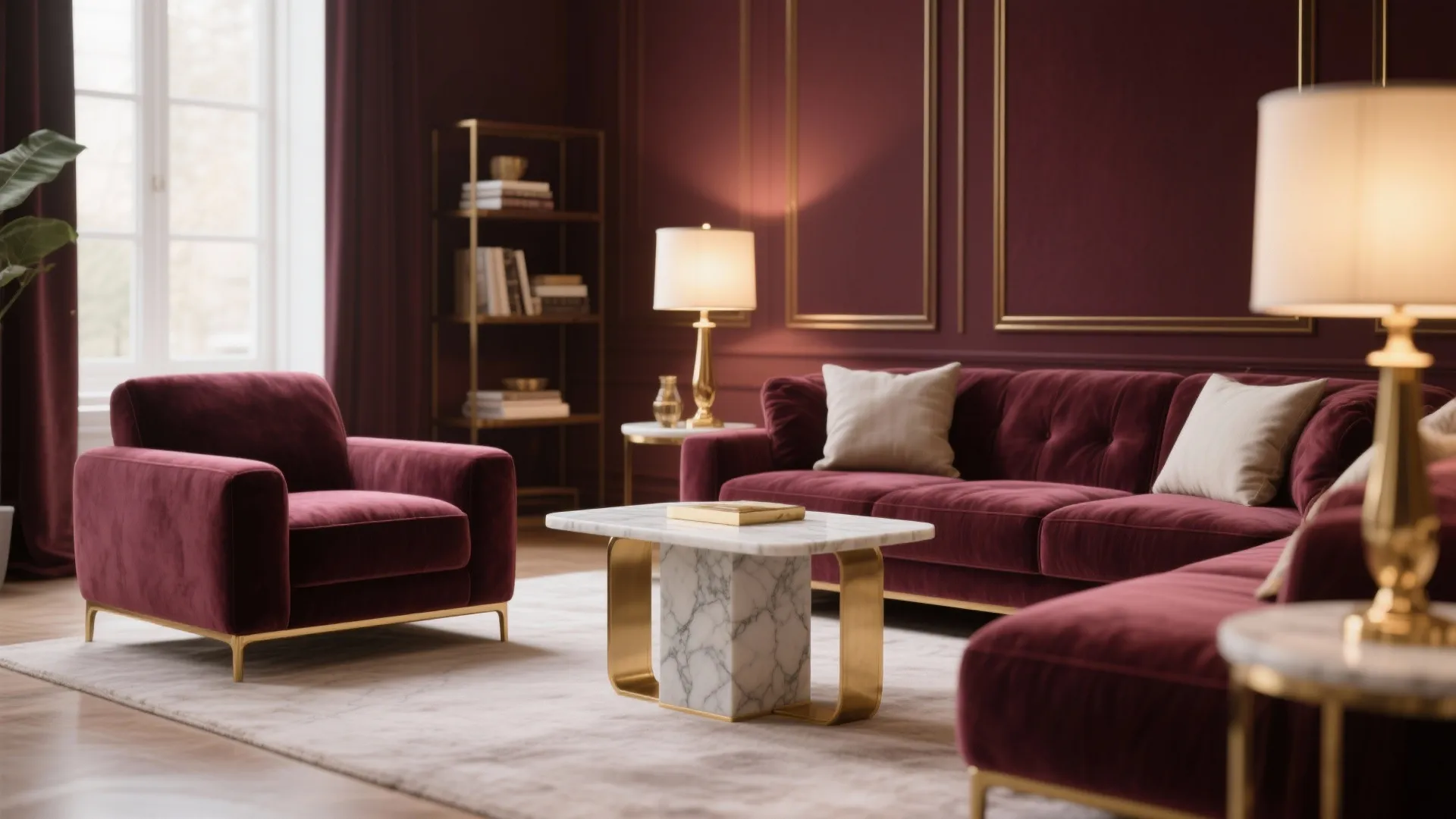 Luxury living room featuring red velvet sofa, marble coffee table, gold wall trim, and lamp