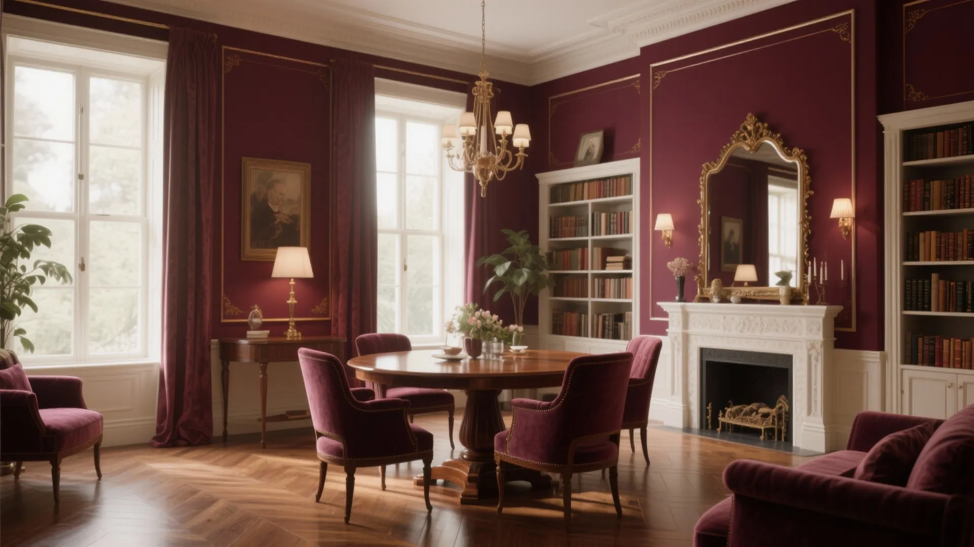 Classic dining room with burgundy walls round wooden table purple chairs fireplace and large ceiling light