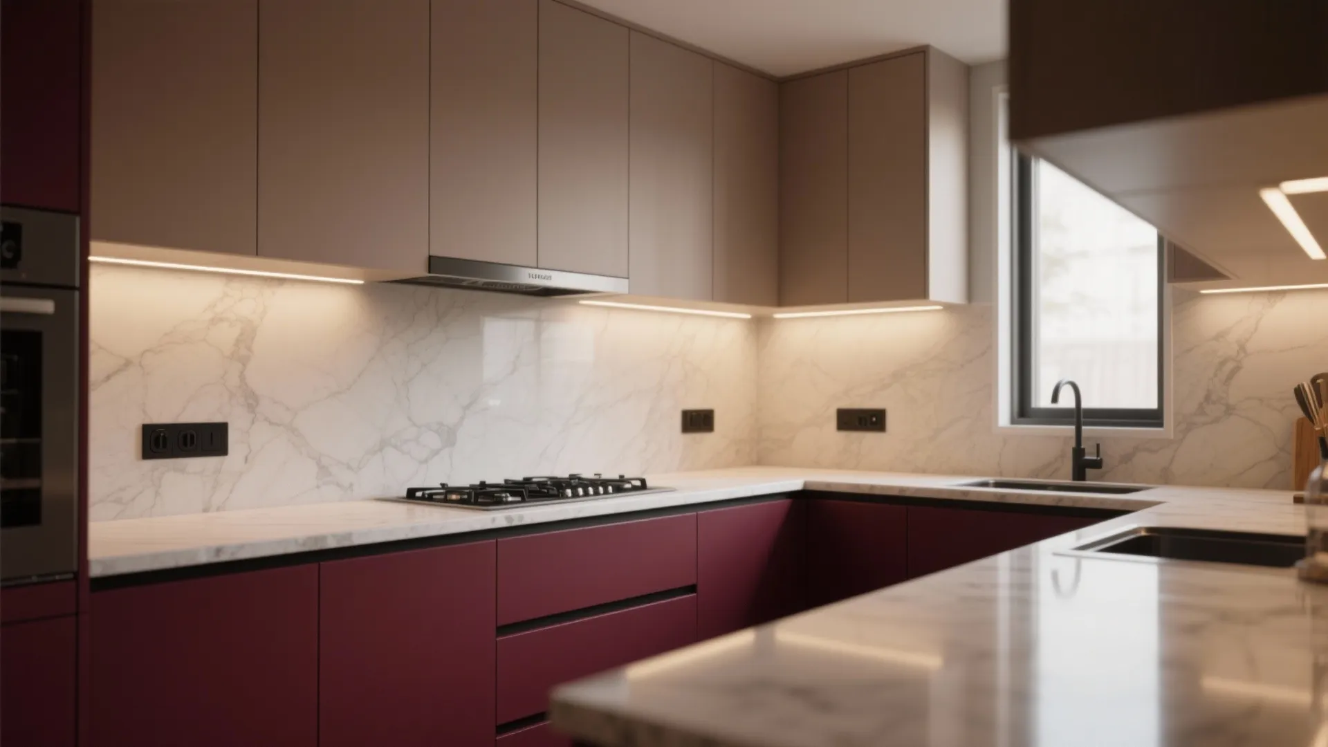 Modern kitchen with dark red cabinets white marble wall and warm light under beige cabinets