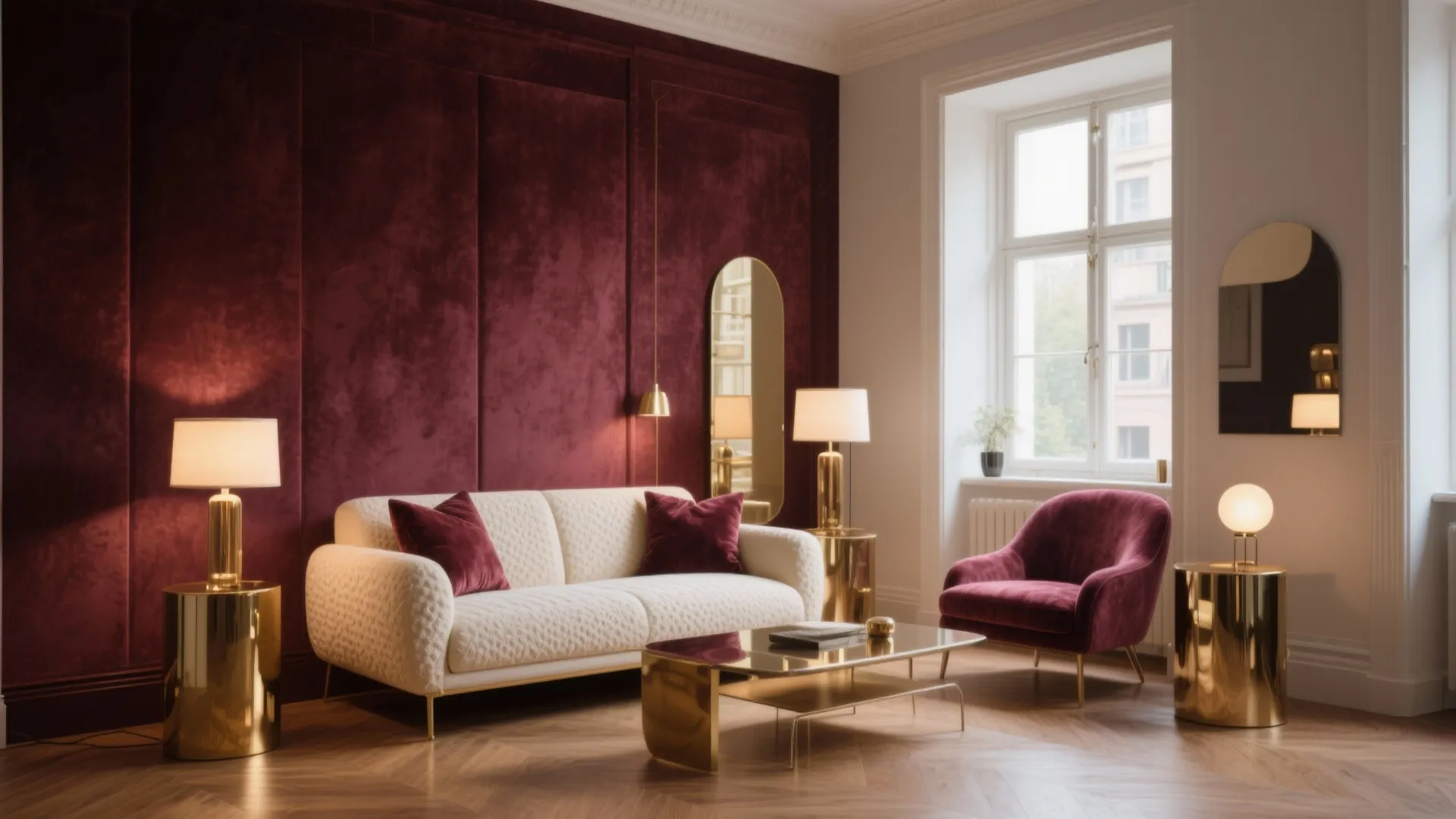 Living room with burgundy wall panel white sofa burgundy chair gold coffee table and lamps