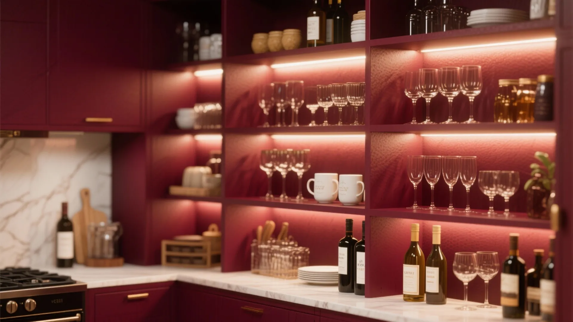 Modern burgundy kitchen shelves with warm built-in lights holding various wine glasses and glass bottles