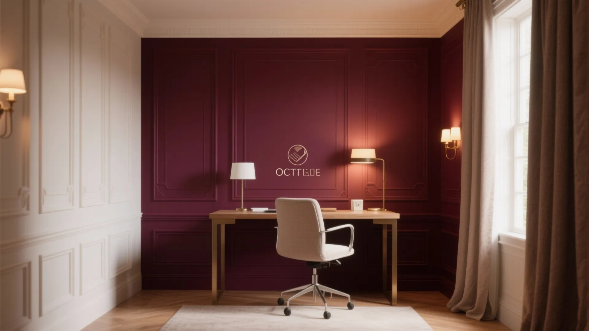 Modern home office with burgundy wall panels wooden desk white chair and bright wall lights