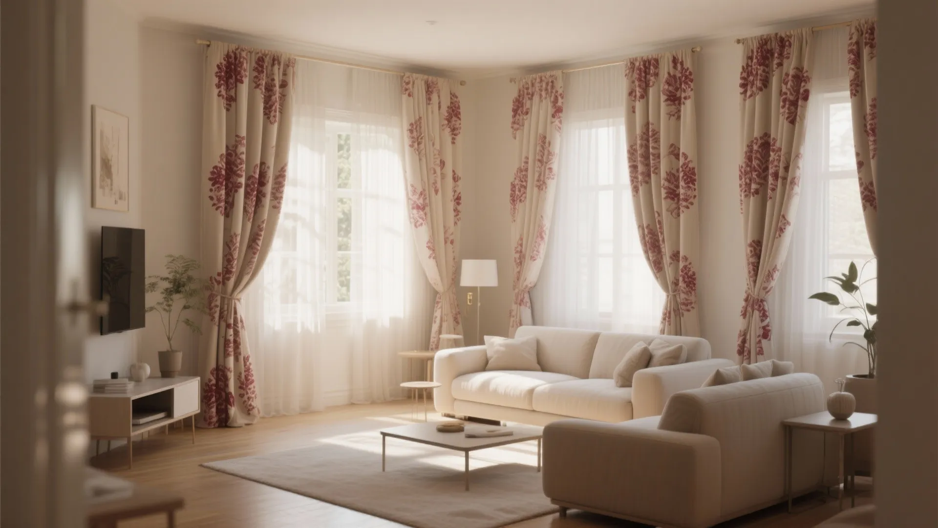 7. Burgundy-Patterned Curtains