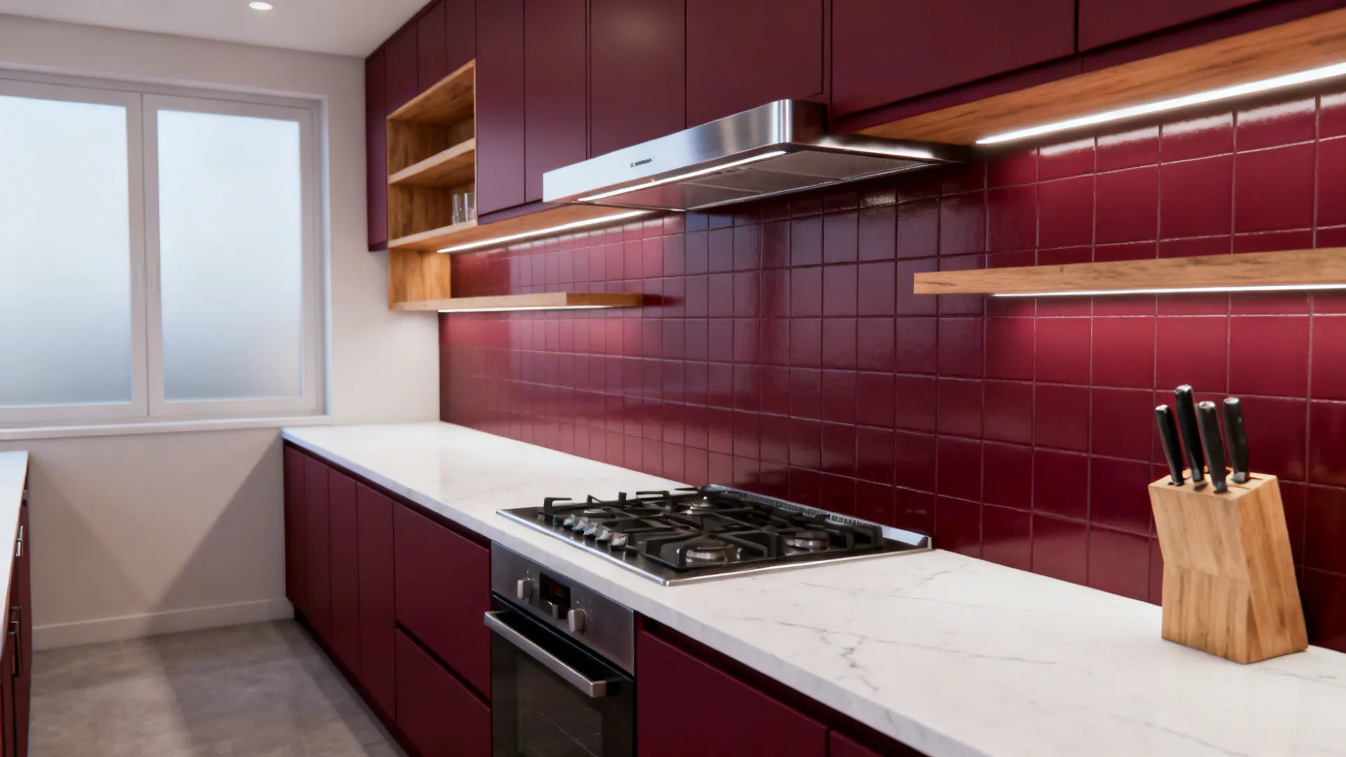 Kitchen with a burgundy range wall, white quartz counters, and a slim hood in a galley layout.