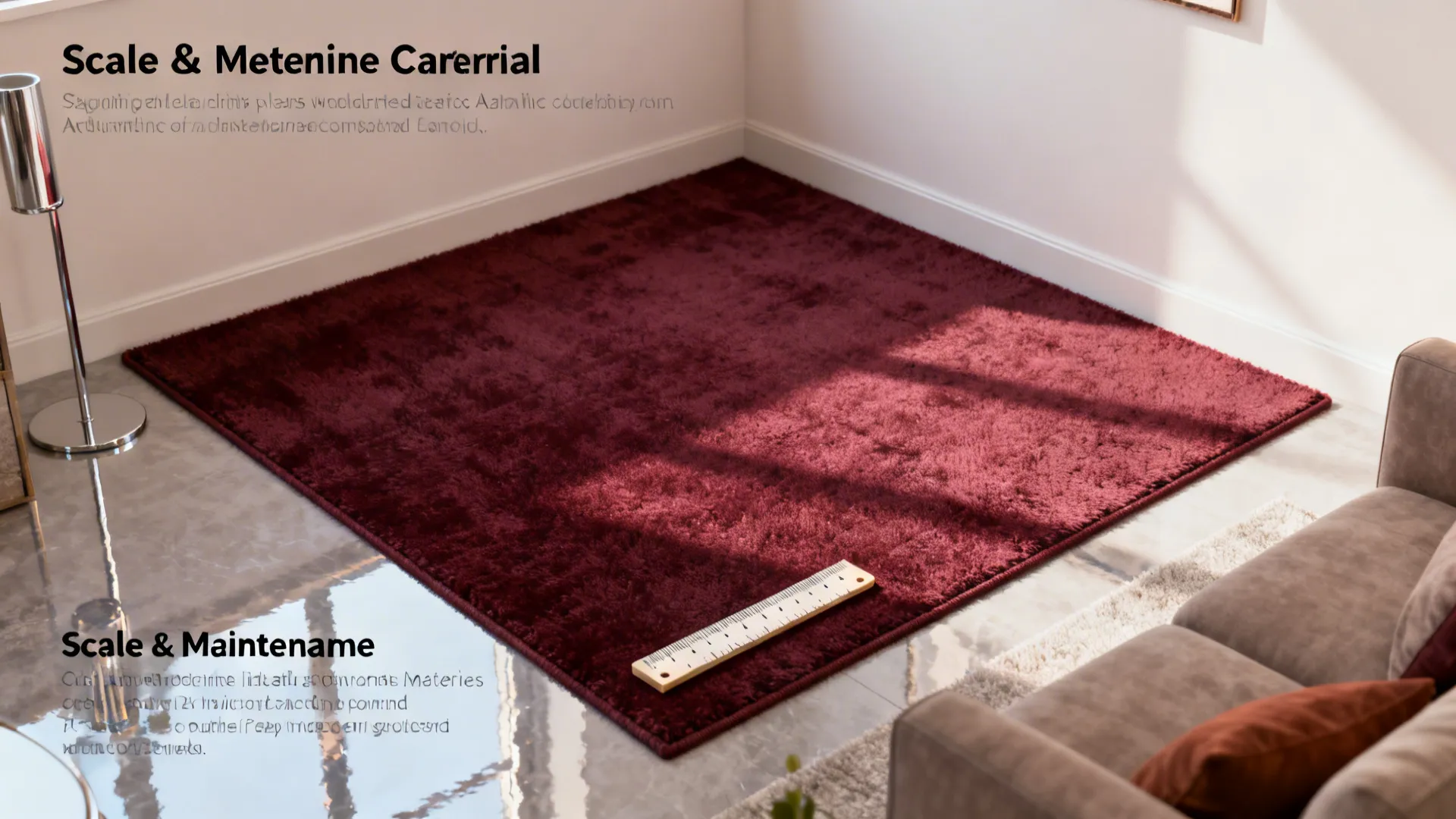 Red fluffy rug on floor with a wooden ruler used for scale in a bright room