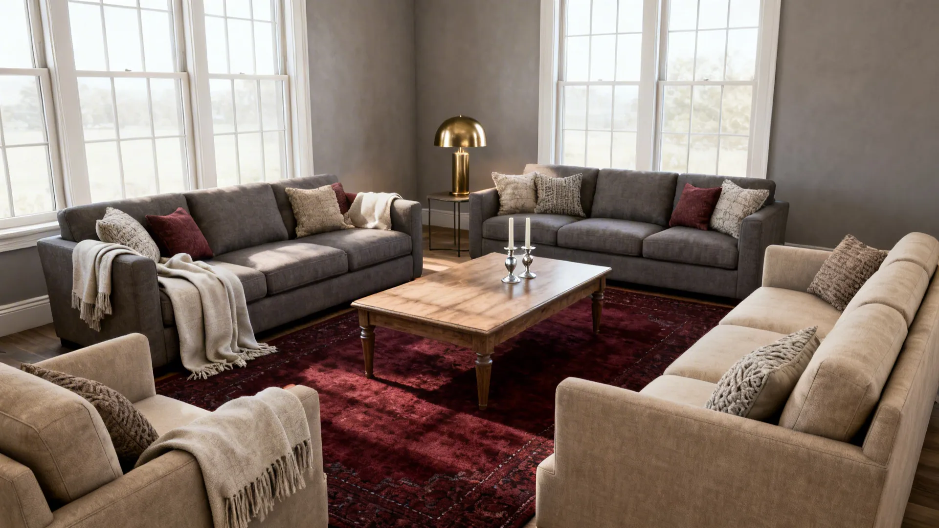 Spacious living room featuring burgundy rug, wood coffee table, grey sofas, beige seating, and sunlight