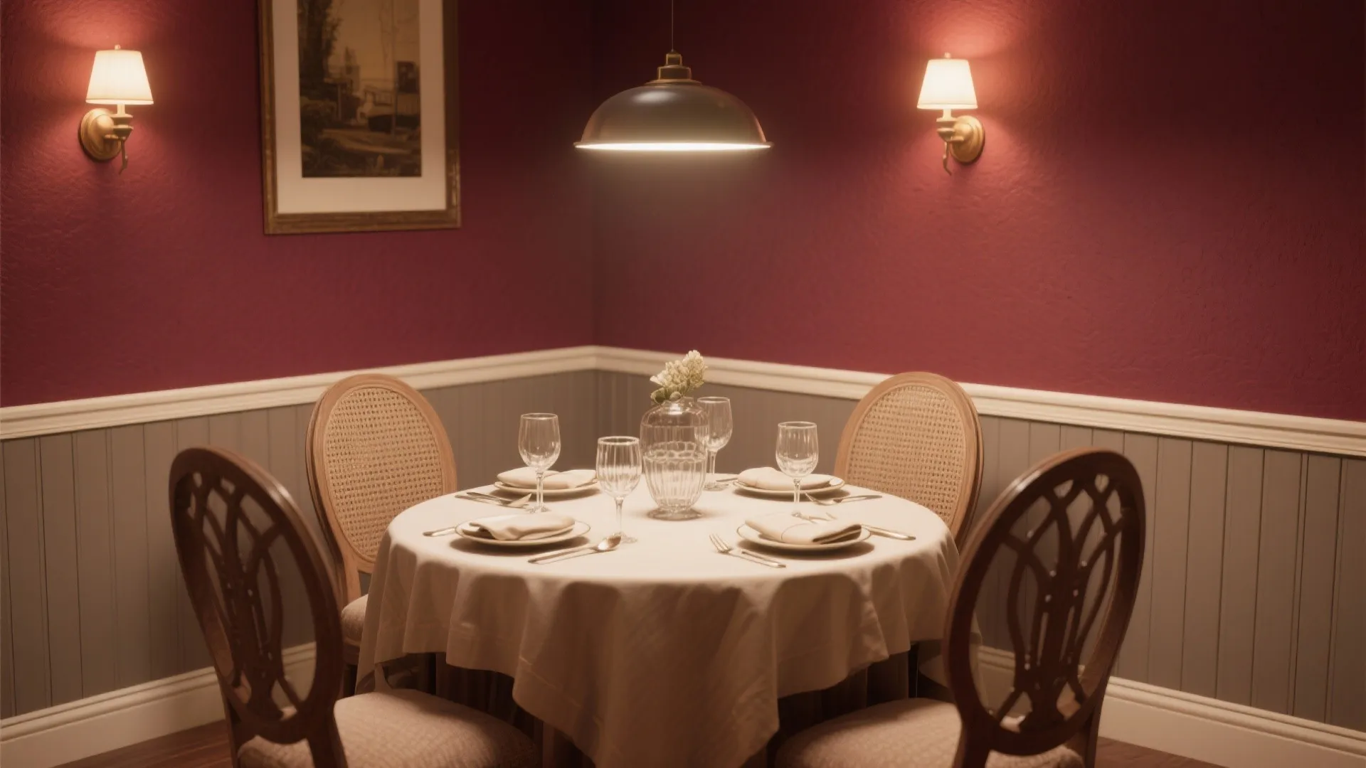 Cozy dining area with burgundy walls grey wall panel round table white cloth and wall lights