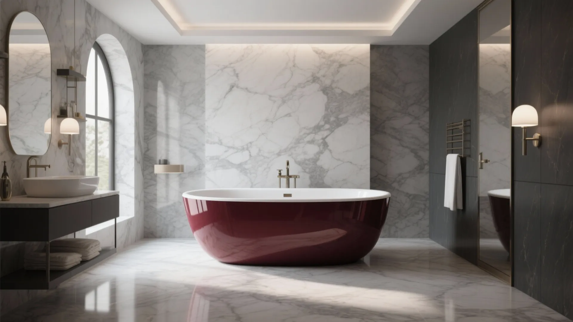 Luxury marble bathroom featuring a deep red bathtub sink mirror wall light and arched windows