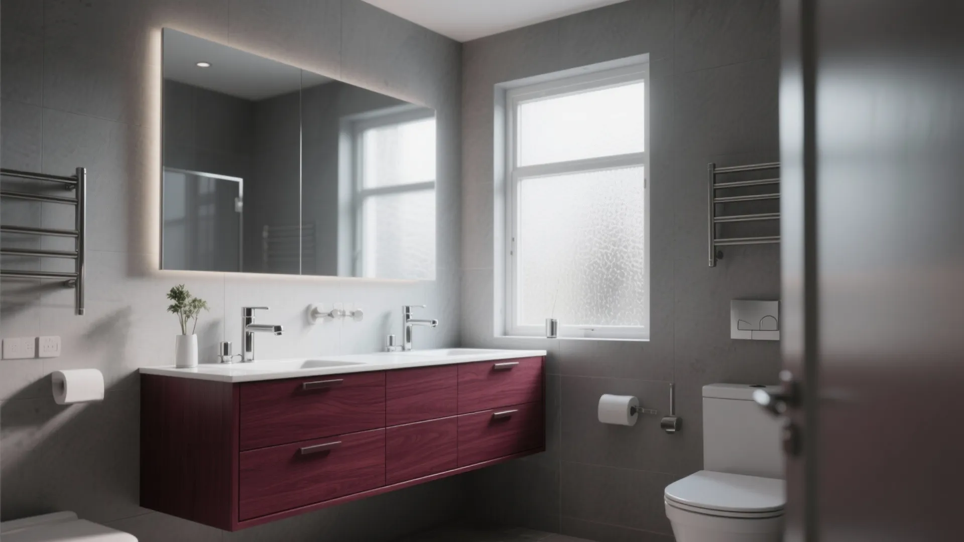 1. Burgundy Vanity with Matte Grey Walls