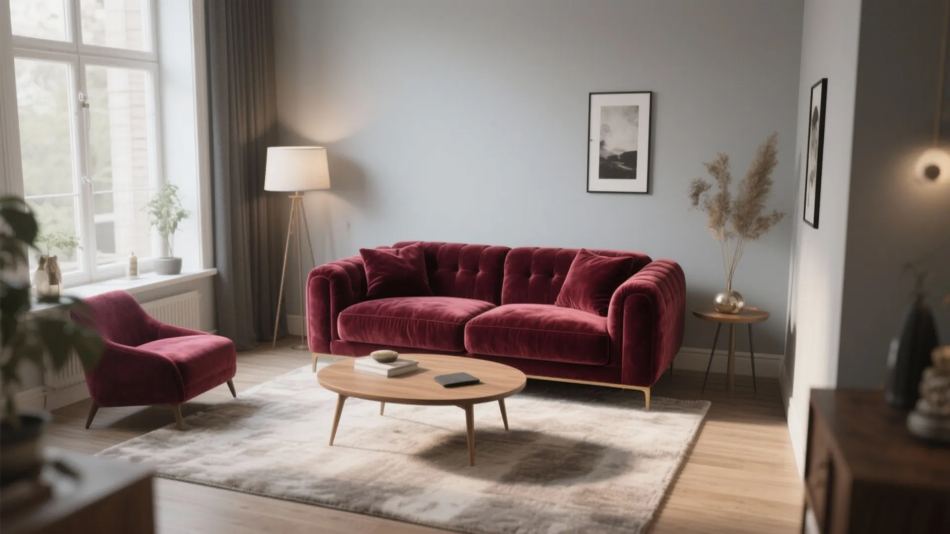 2. Burgundy Velvet Sofa
