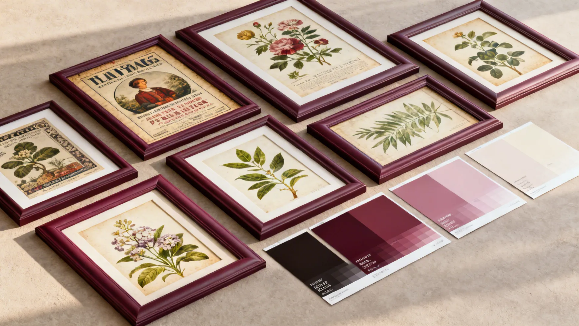 4. Framed vintage posters or botanical prints with burgundy tones