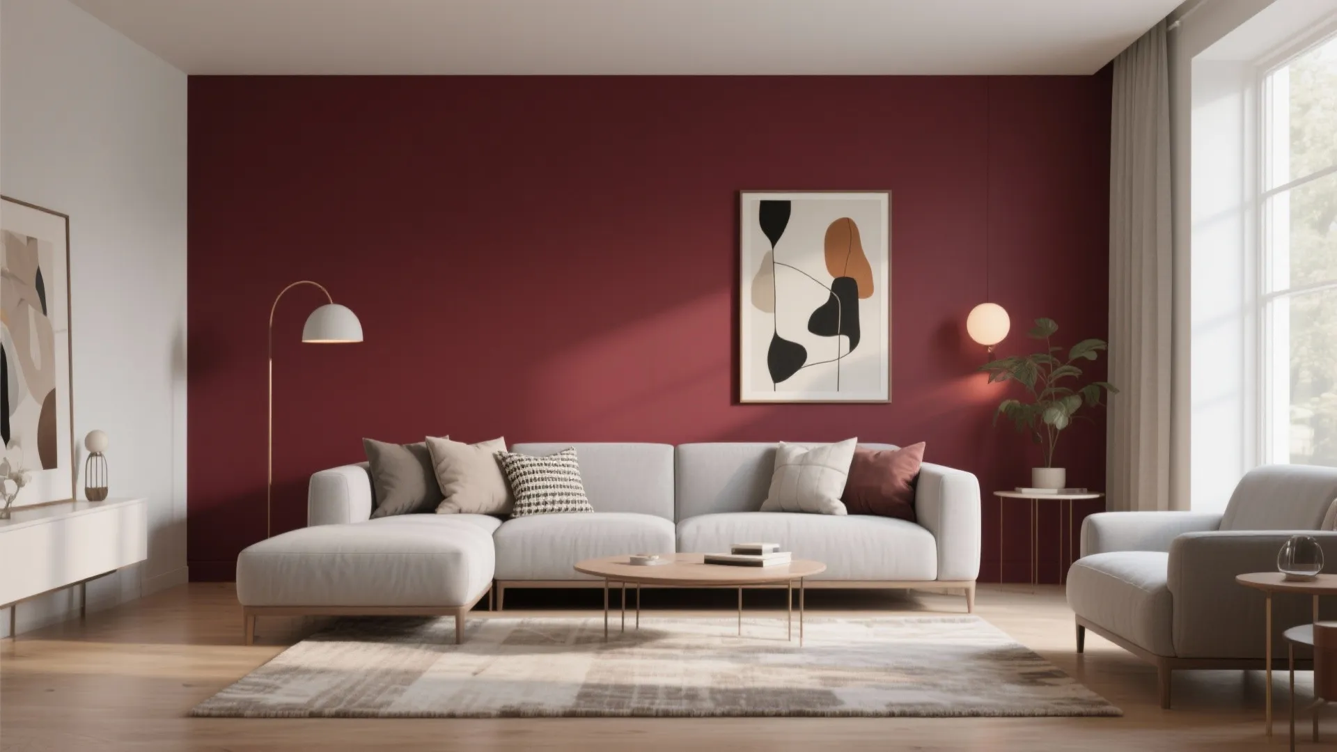 Gray sofa against a bold burgundy feature wall