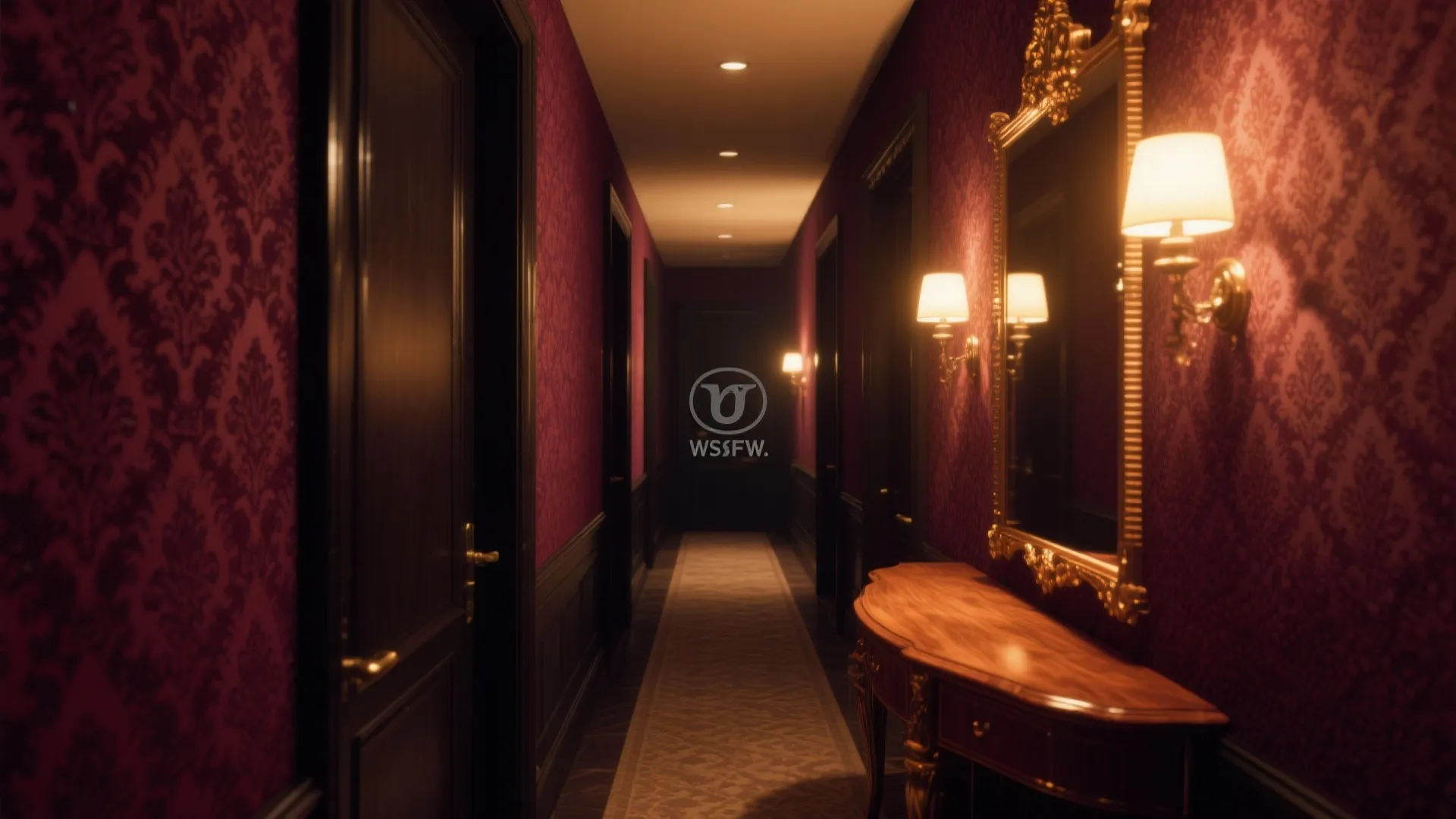 Hallway with burgundy damask wallpaper and wooden furniture