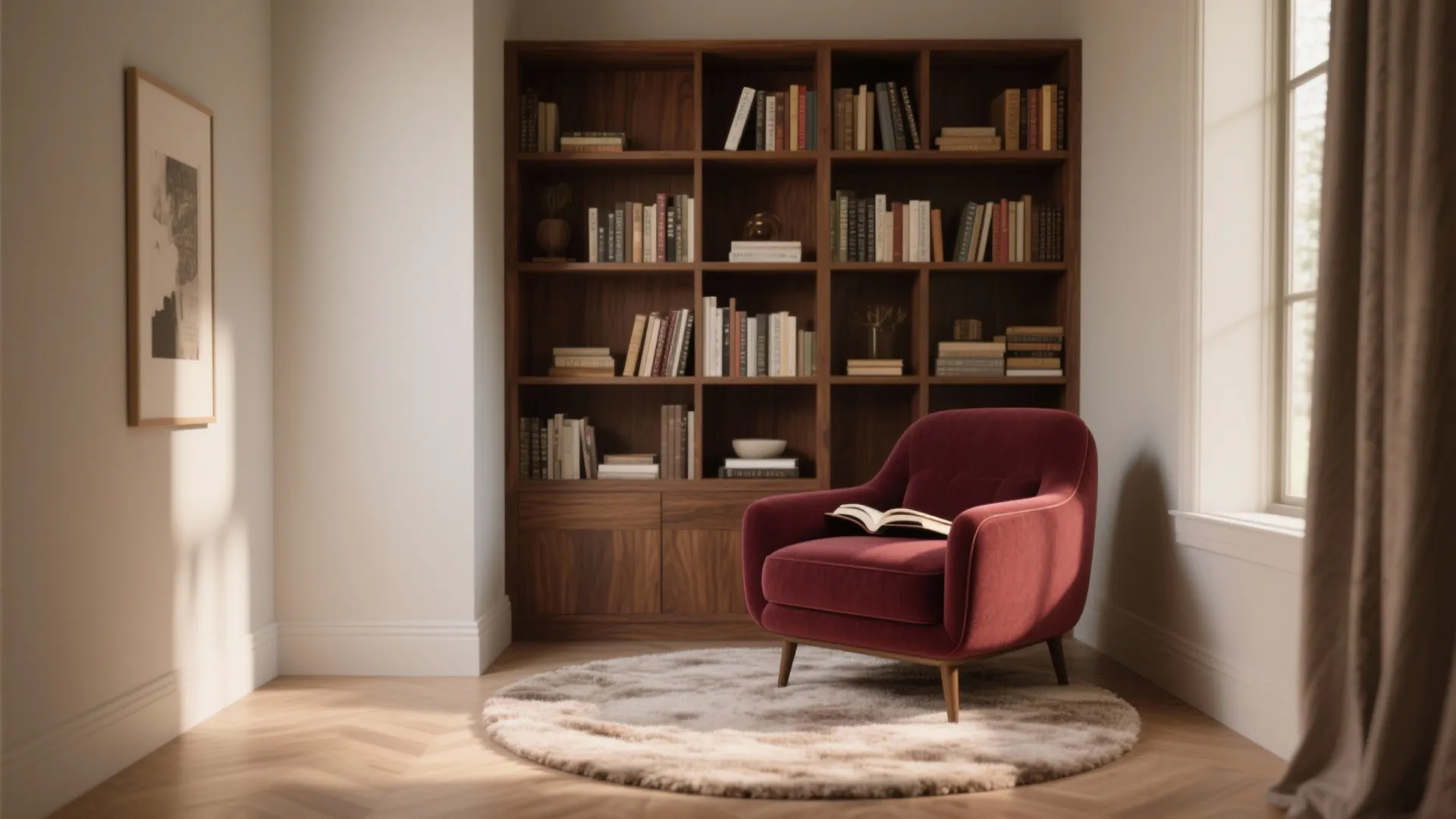 Deep burgundy armchair with walnut shelving in cozy nook