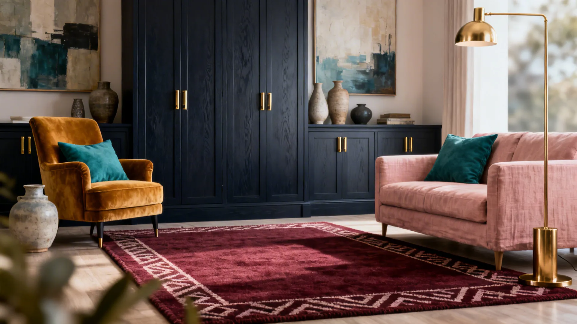 Eclectic living room with patterned burgundy rug plus pink sofa and yellow armchair gold light
