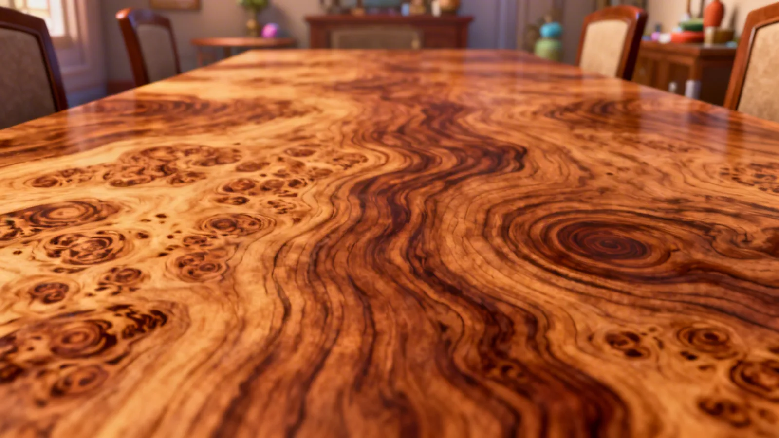 close up of burl wood grain pattern on luxury dining table