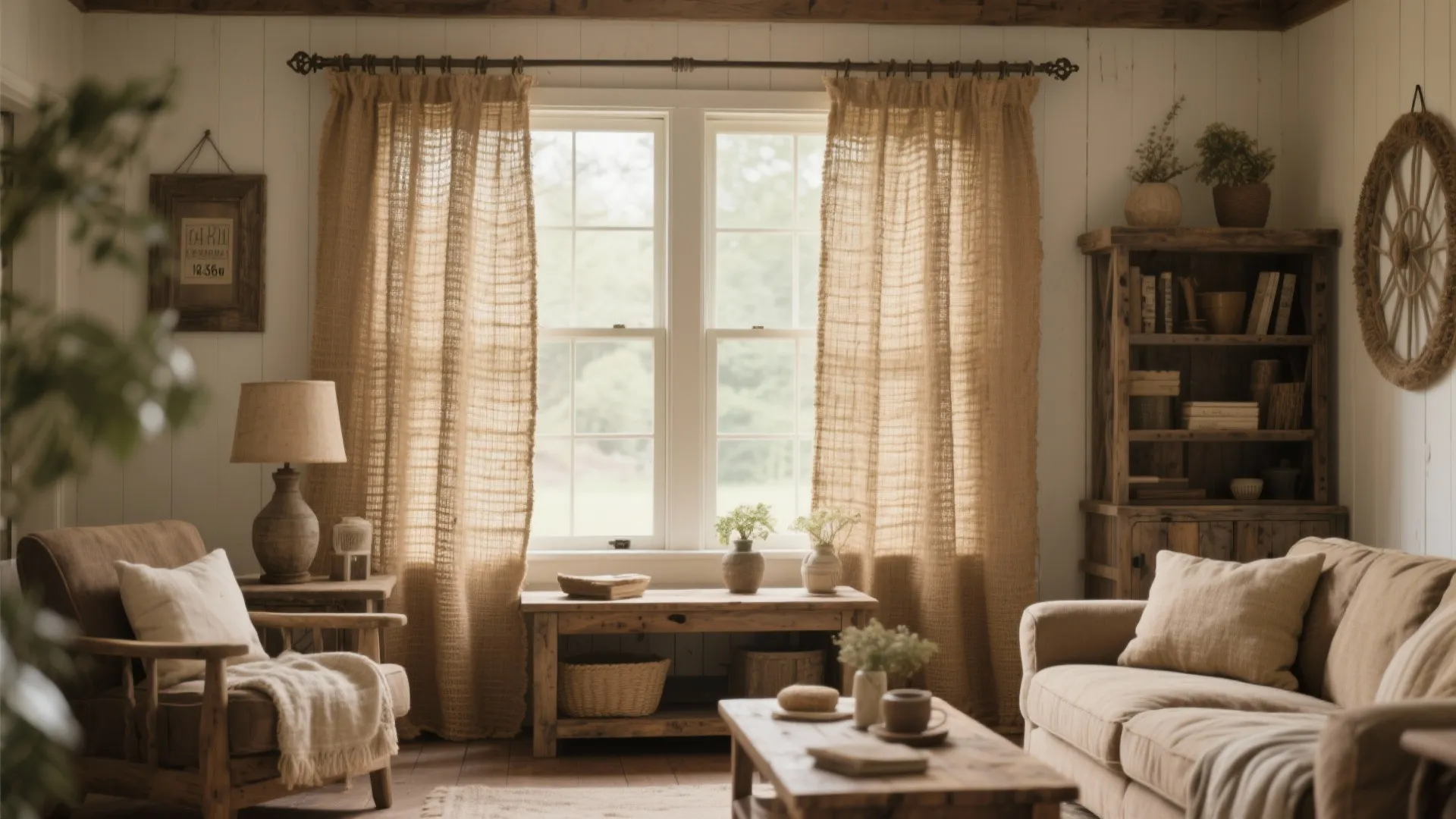 Rustic living room featuring brown burlap curtains, wooden furniture, neutral sofa, and natural window light