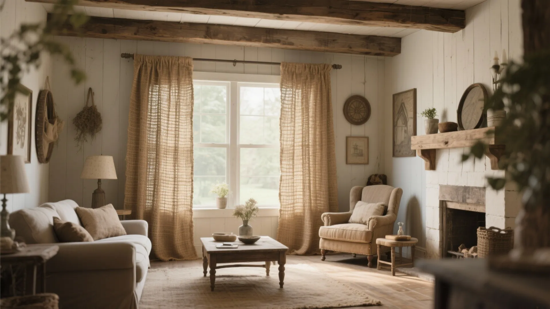 Rustic living room with burlap curtains wooden ceiling beams white fireplace and fabric armchair seat