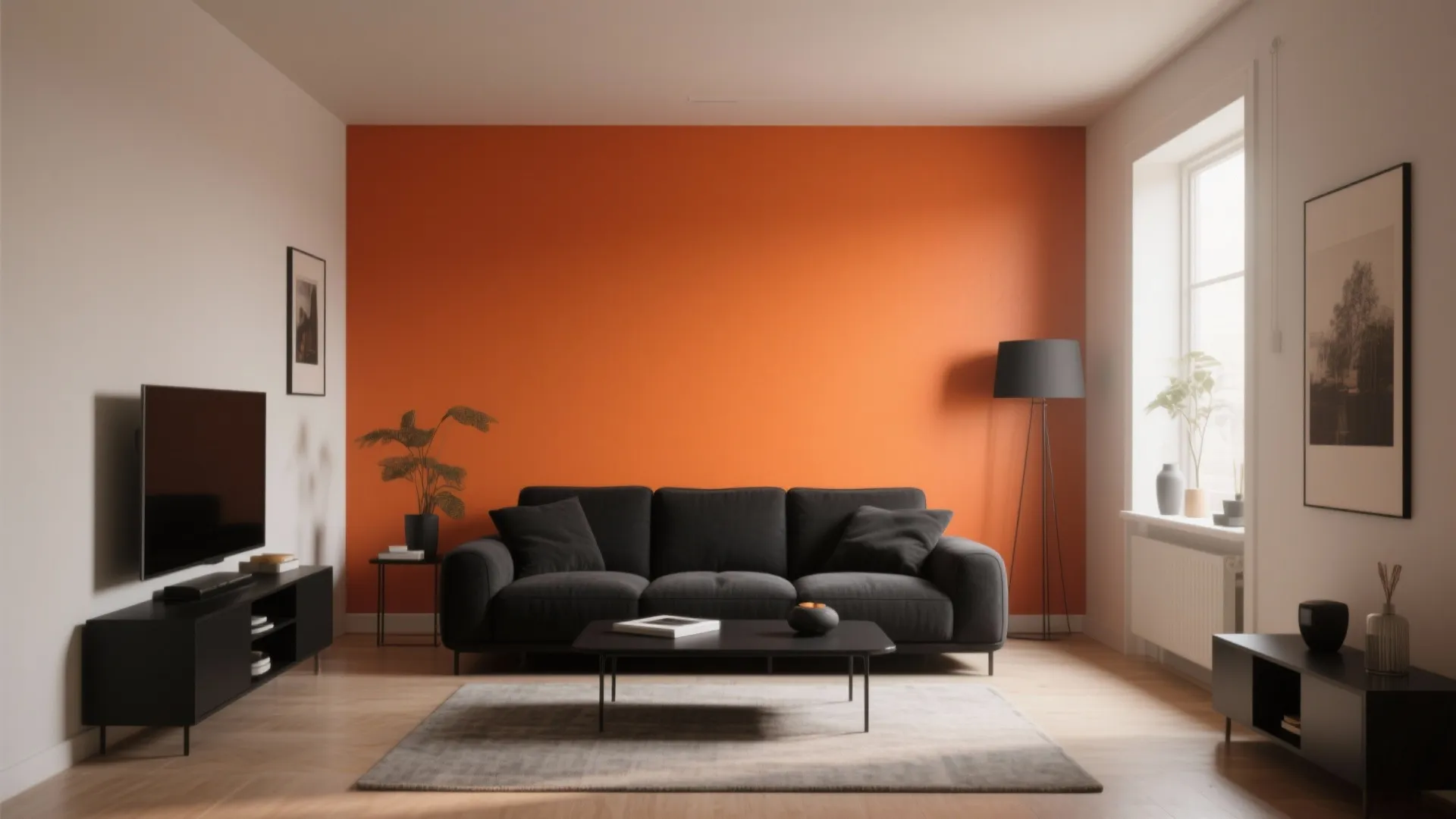 Minimalist living room with a bold orange accent wall black sofa floor lamp and wooden flooring
