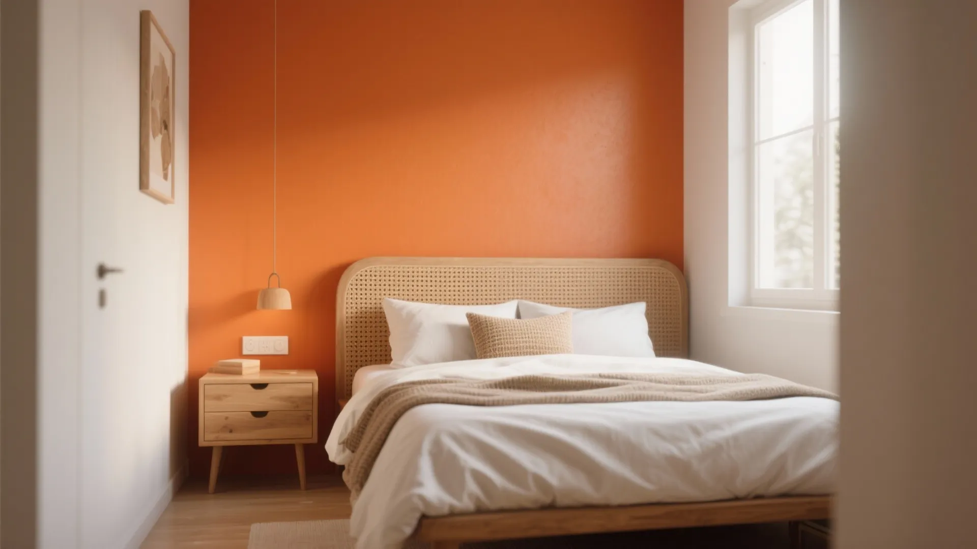 Small bedroom with a single burnt orange accent wall, off-white bedding and woven headboard.