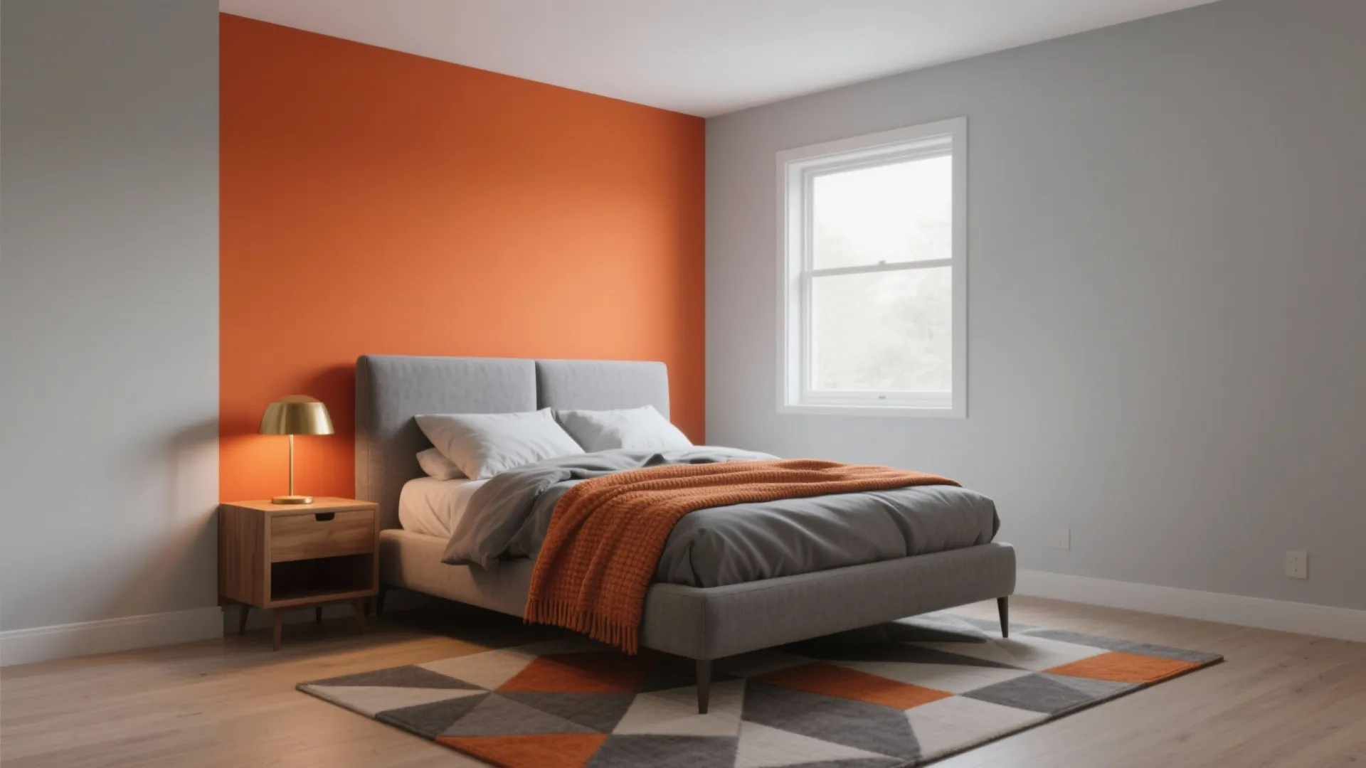 Modern bedroom with orange feature wall grey bed wooden nightstand table lamp and patterned rug